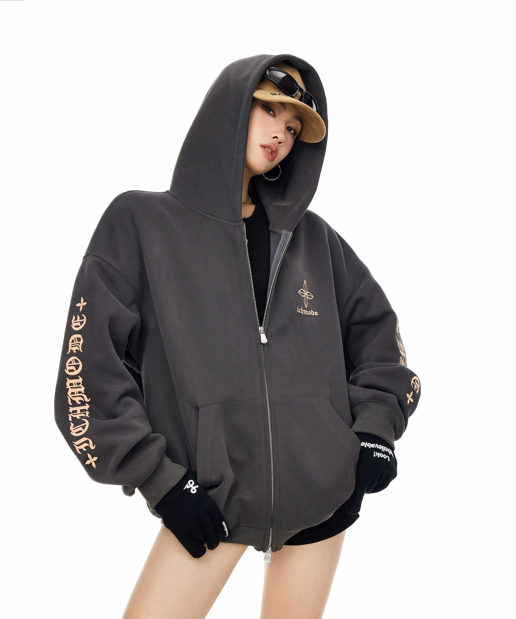 ICH MODE 美式复古哥特十字连帽卫衣外套女秋冬季双拉链开衫上衣