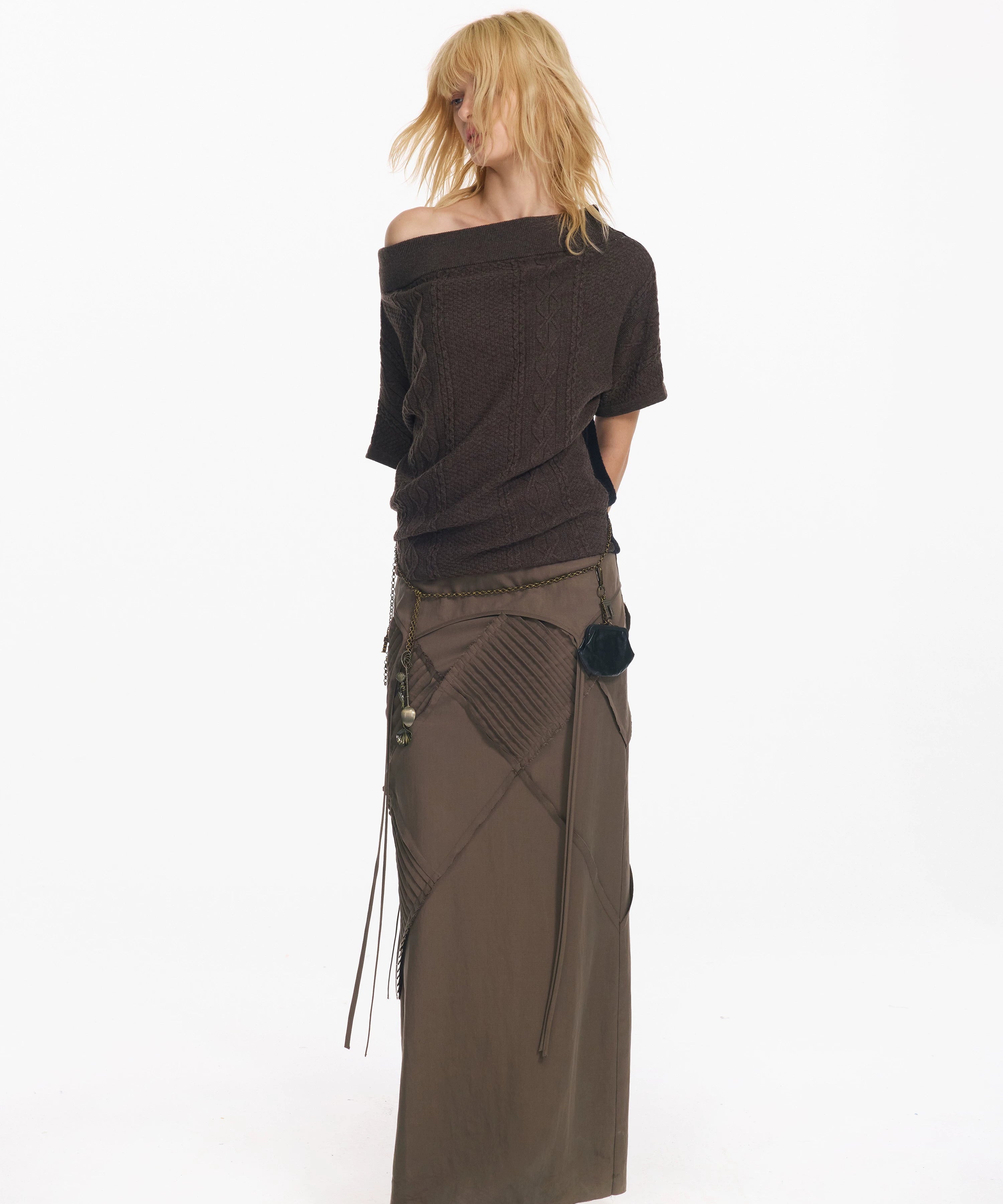 2th Desire 复古菱形格打条绑带长款直筒显瘦设计感低腰半身裙女