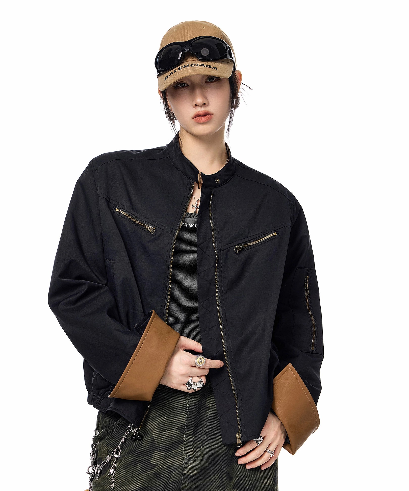 ICH MODE 美式复古工装短外套女2025新款秋冬巴恩风夹克立领上衣