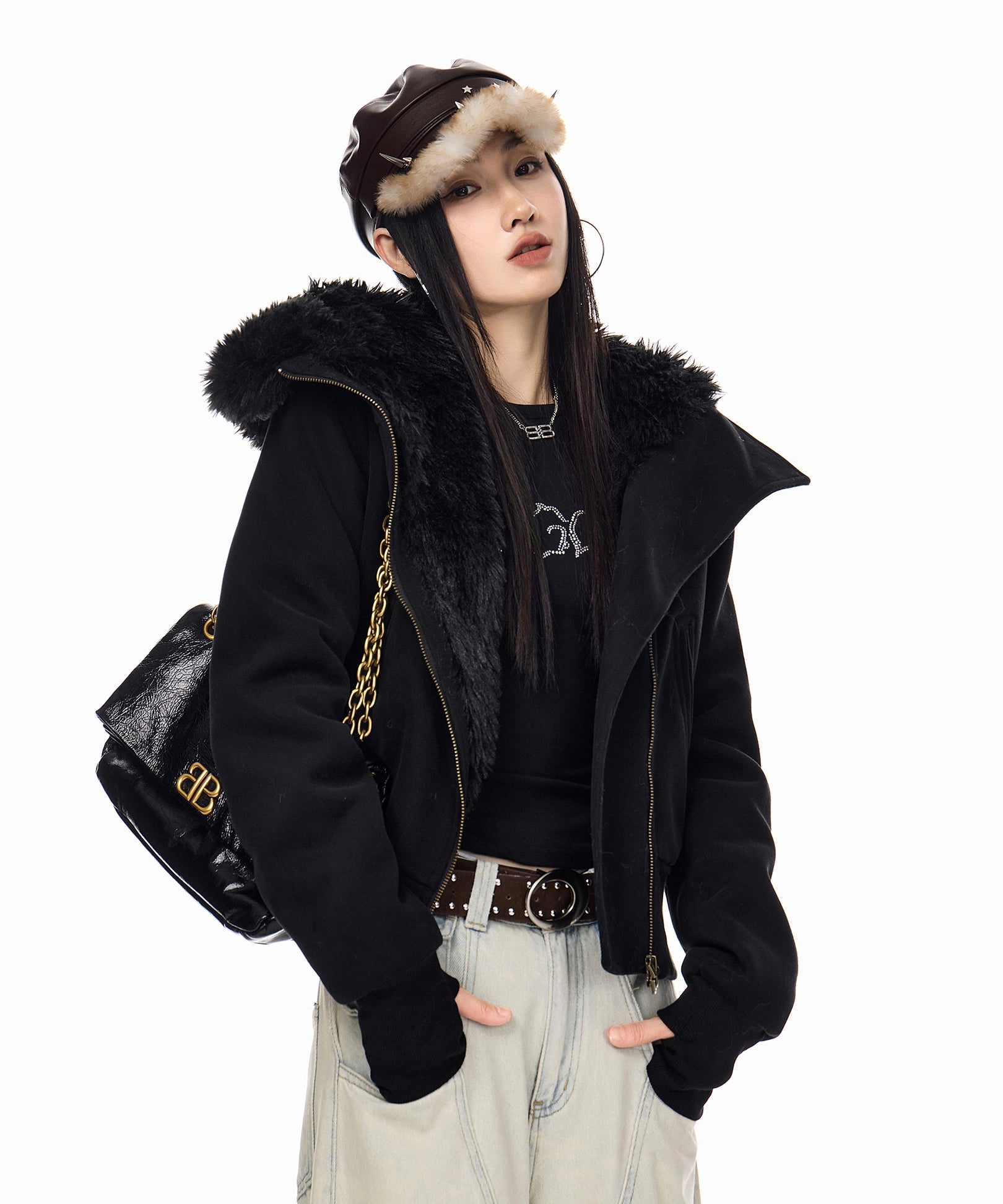 ICH MODE 美式复古毛绒内胆毛领棉服女2025冬季新款修身短款棉衣