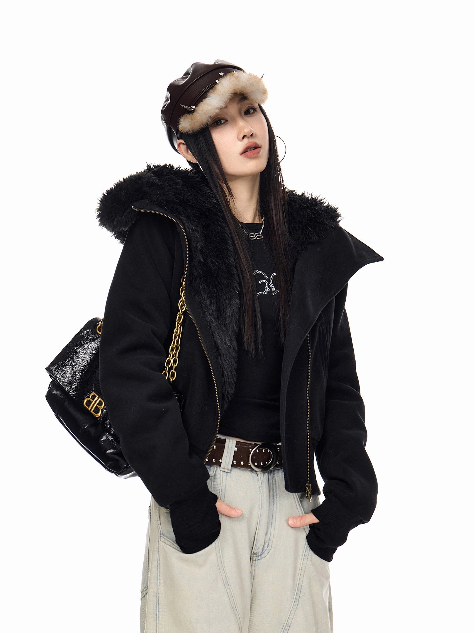 ICH MODE 美式复古毛绒内胆毛领棉服女2025冬季新款修身短款棉衣