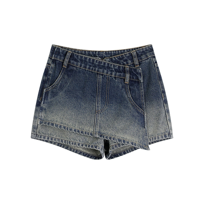 野生zero复古蓝水洗设计感牛仔短裤女夏季辣妹小众显瘦直筒热裤子