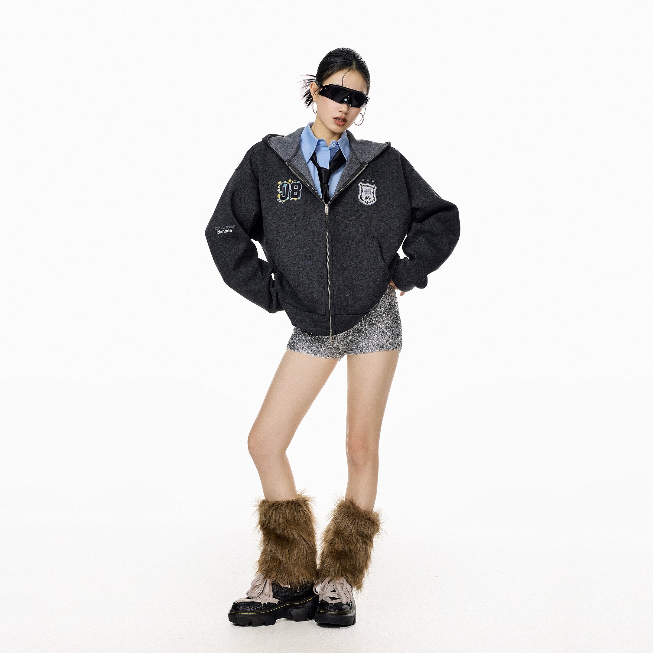 ICH MODE 美式复古撞色刺绣开衫外套女2025秋冬新款休闲连帽卫衣