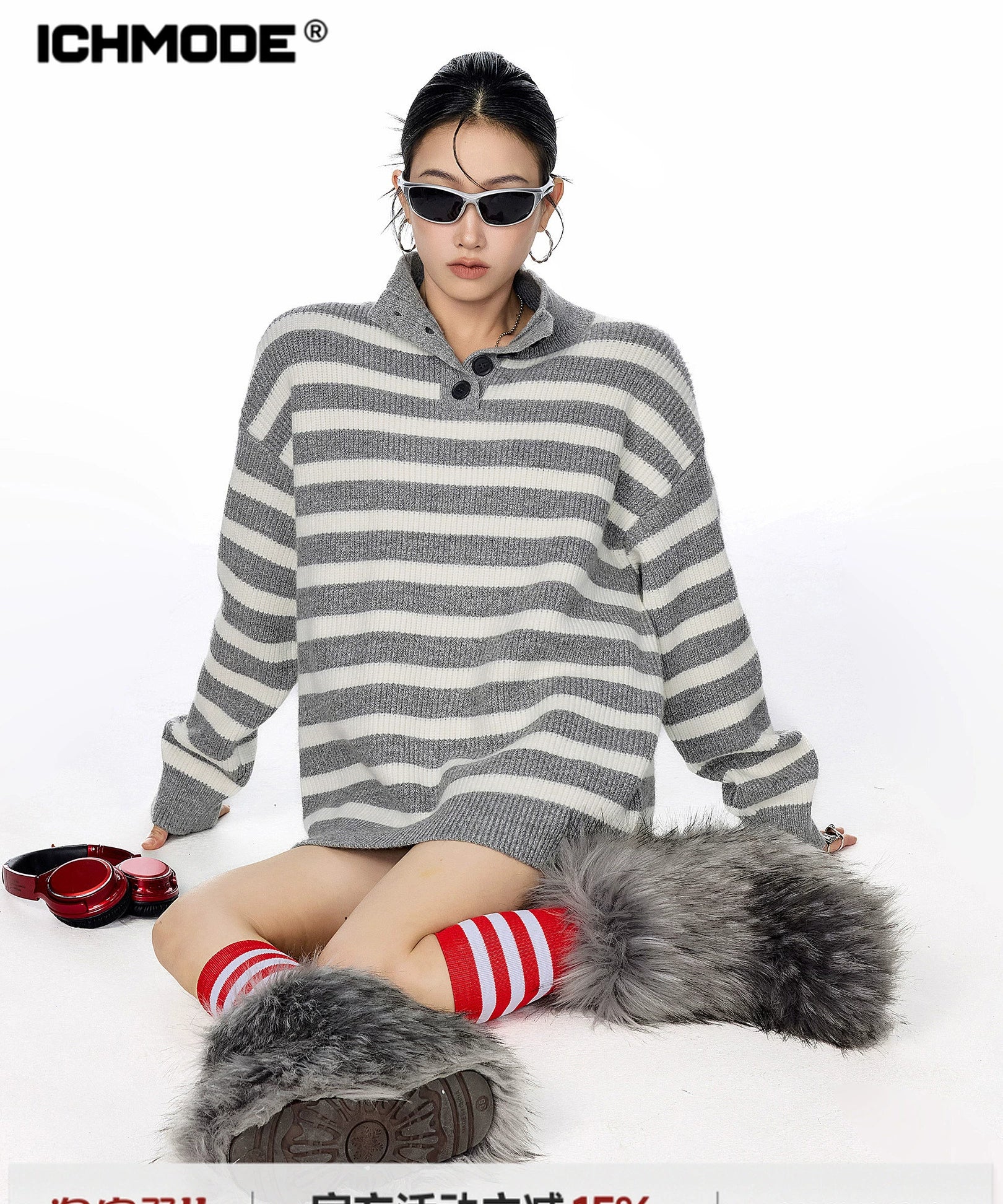 ICH MODE 美式复古POLO领条纹针织衫女秋冬宽松高领毛衣打底上衣