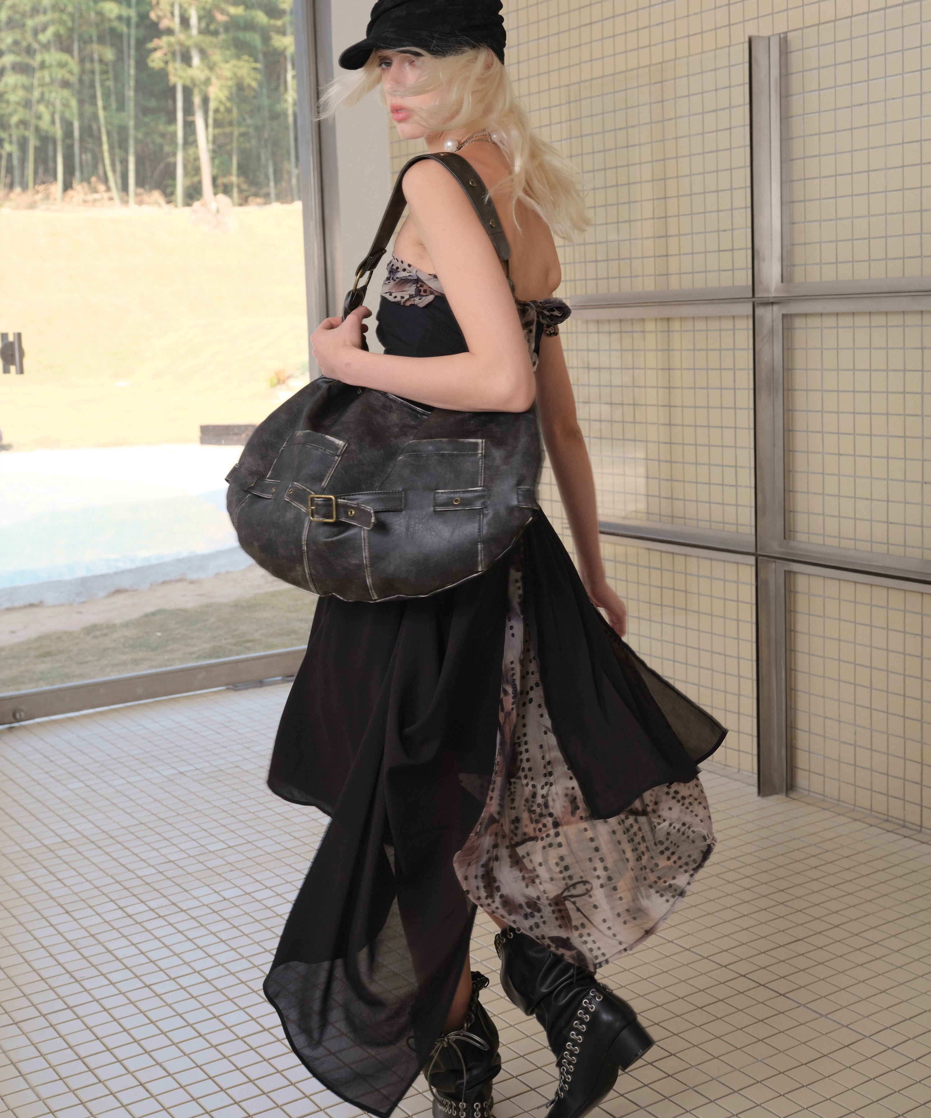 2th Desire复古解构流浪风晕染印花不规则抹胸褶皱拼纱连衣裙女