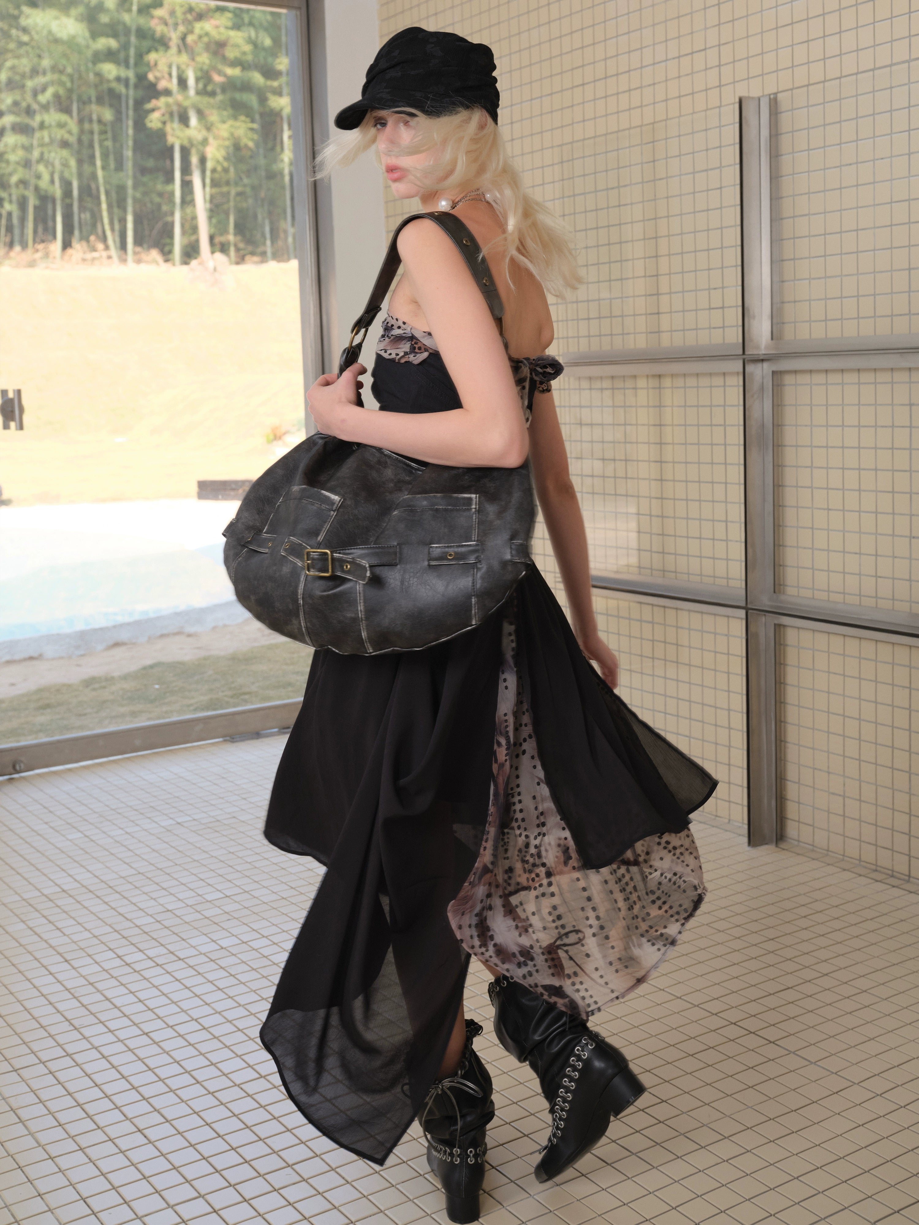 2th Desire复古解构流浪风晕染印花不规则抹胸褶皱拼纱连衣裙女