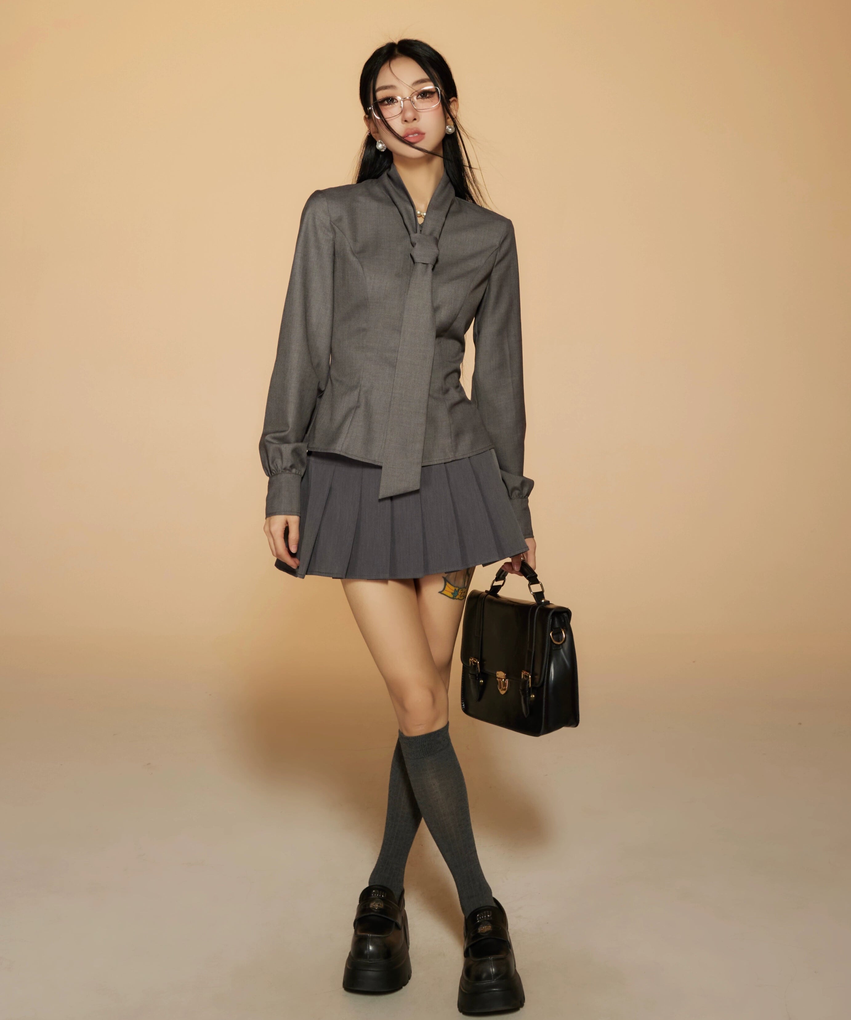 野生zerocircle灰蓝色长袖衬衫女春季修身显瘦收腰蝴蝶结绑带上衣