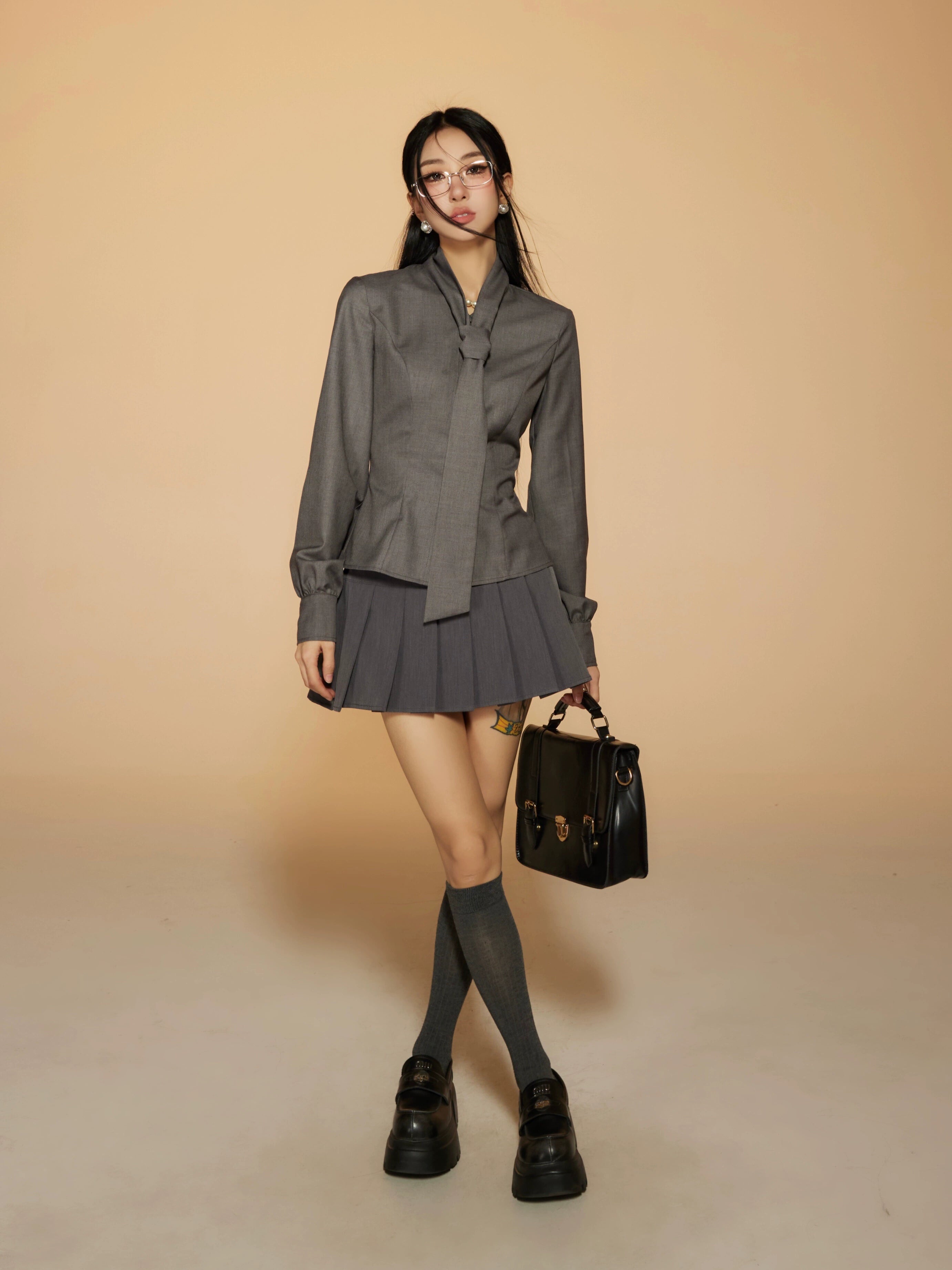 野生zerocircle灰蓝色长袖衬衫女春季修身显瘦收腰蝴蝶结绑带上衣