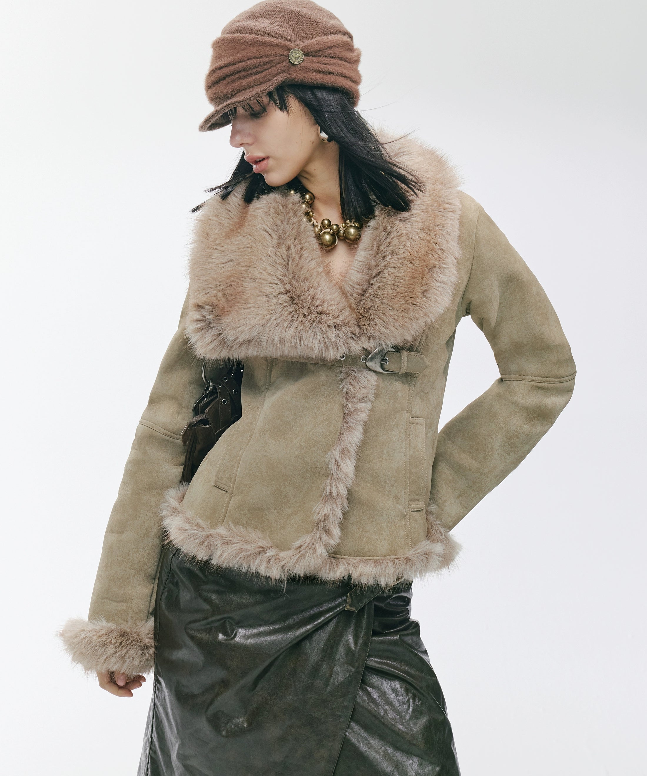 2th Desire复古不规则大翻领做旧金属扣麂皮皮毛一体保暖毛毛外套