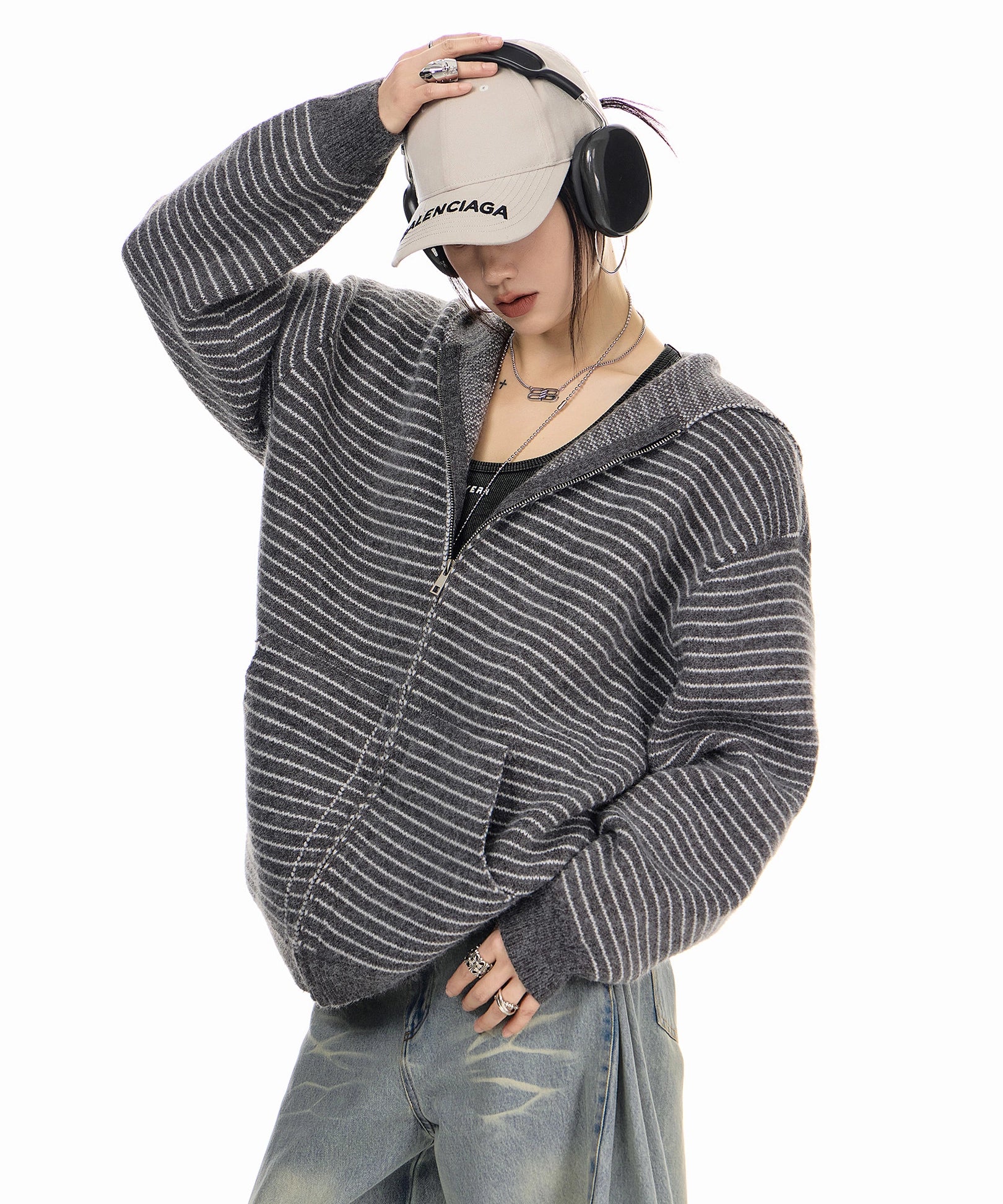 ICH MODE 美式复古条纹连帽毛针织开衫女秋冬季外搭宽松毛衣外套