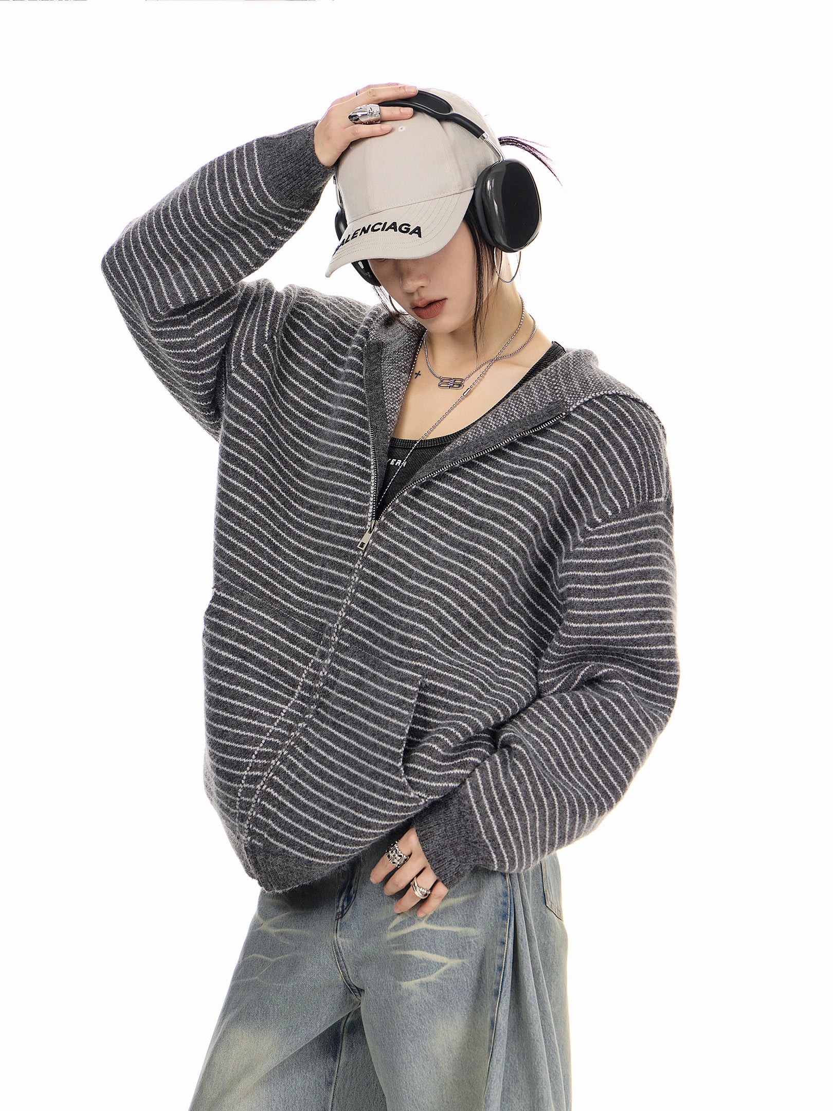 ICH MODE 美式复古条纹连帽毛针织开衫女秋冬季外搭宽松毛衣外套