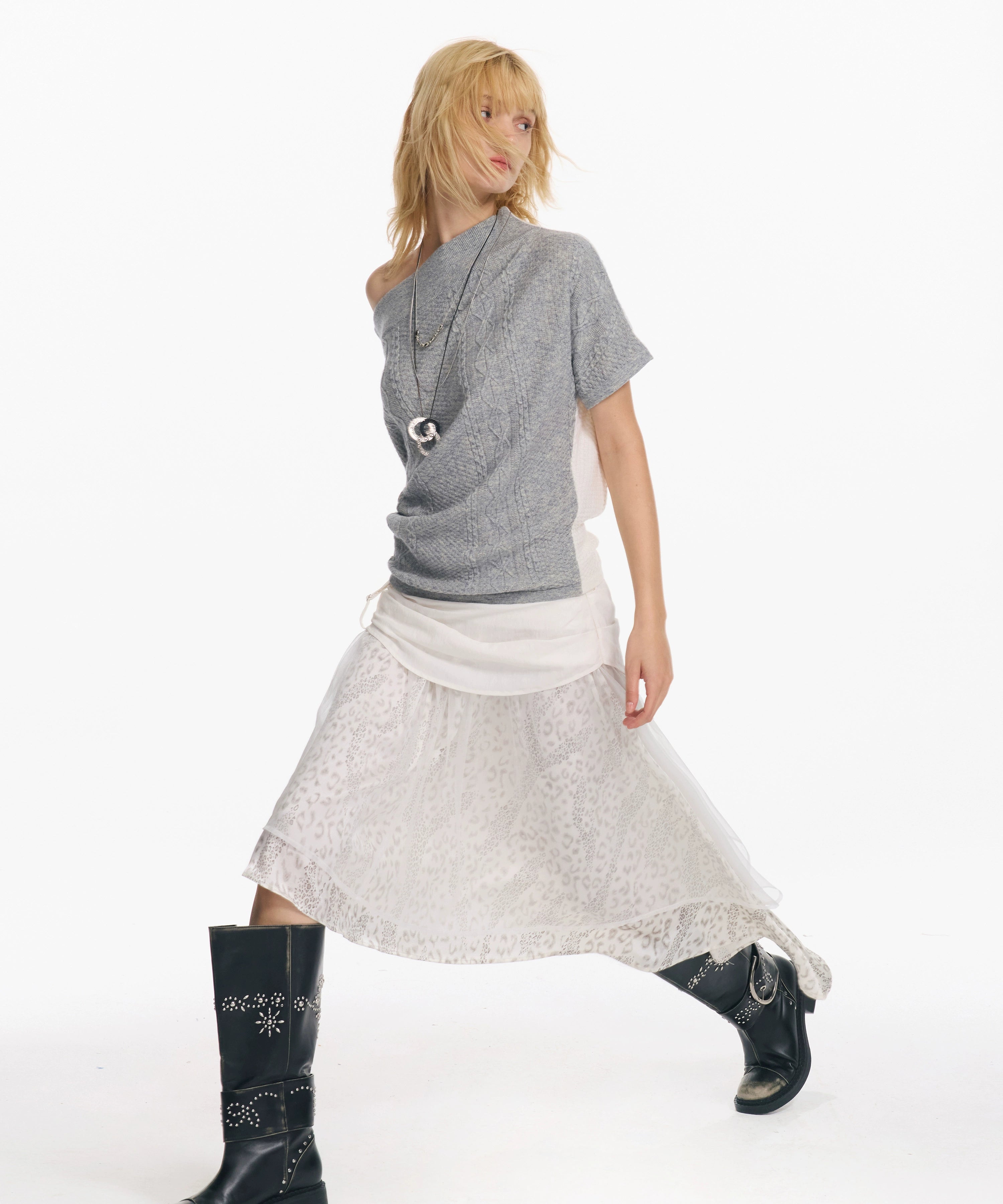 2th Desire 不规则豹纹拼接网纱修身细闪氛围感复古多层半身裙女