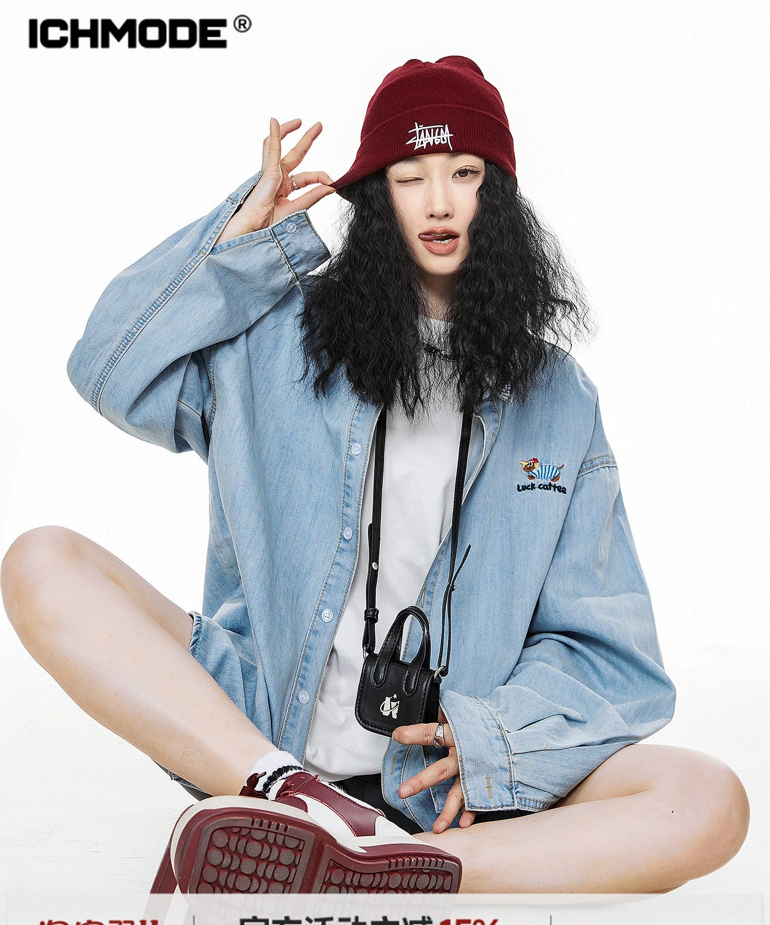 ICH MODE 美式复古刺绣长袖牛仔衬衫女秋冬百搭宽松休闲衬衣外套