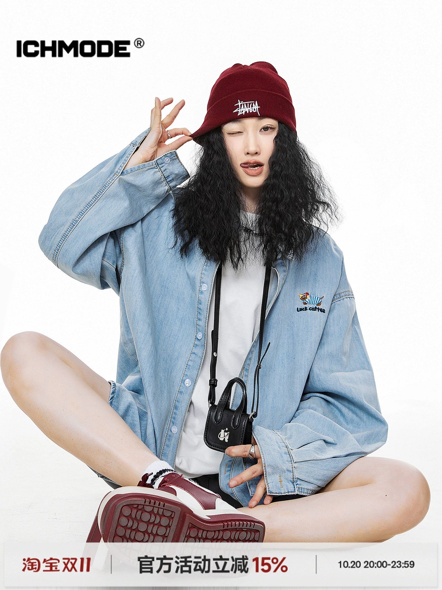 ICH MODE 美式复古刺绣长袖牛仔衬衫女秋冬百搭宽松休闲衬衣外套