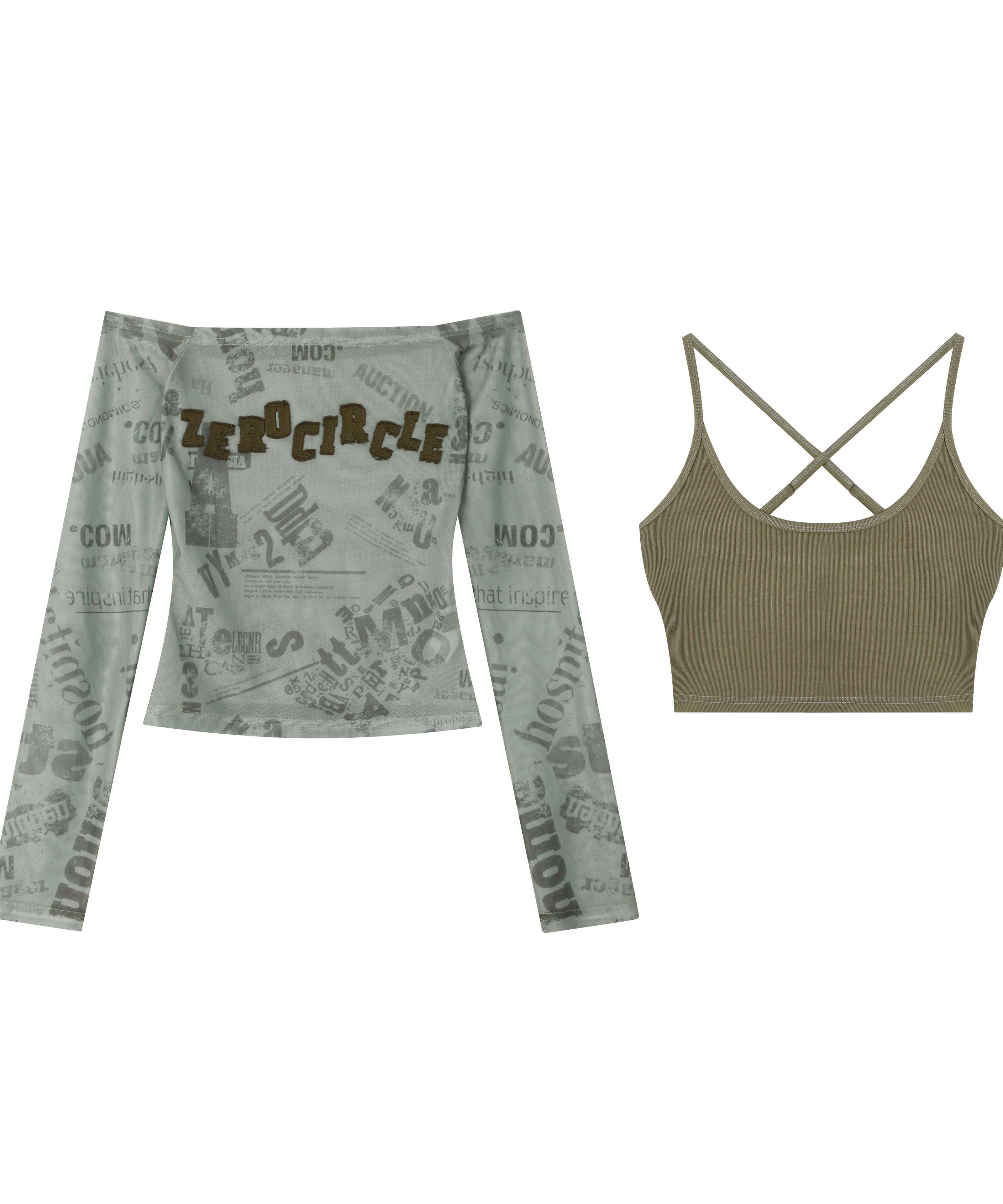 野生zero绿色吊带两件套女春夏季辣妹修身显瘦一字肩短款网纱上衣