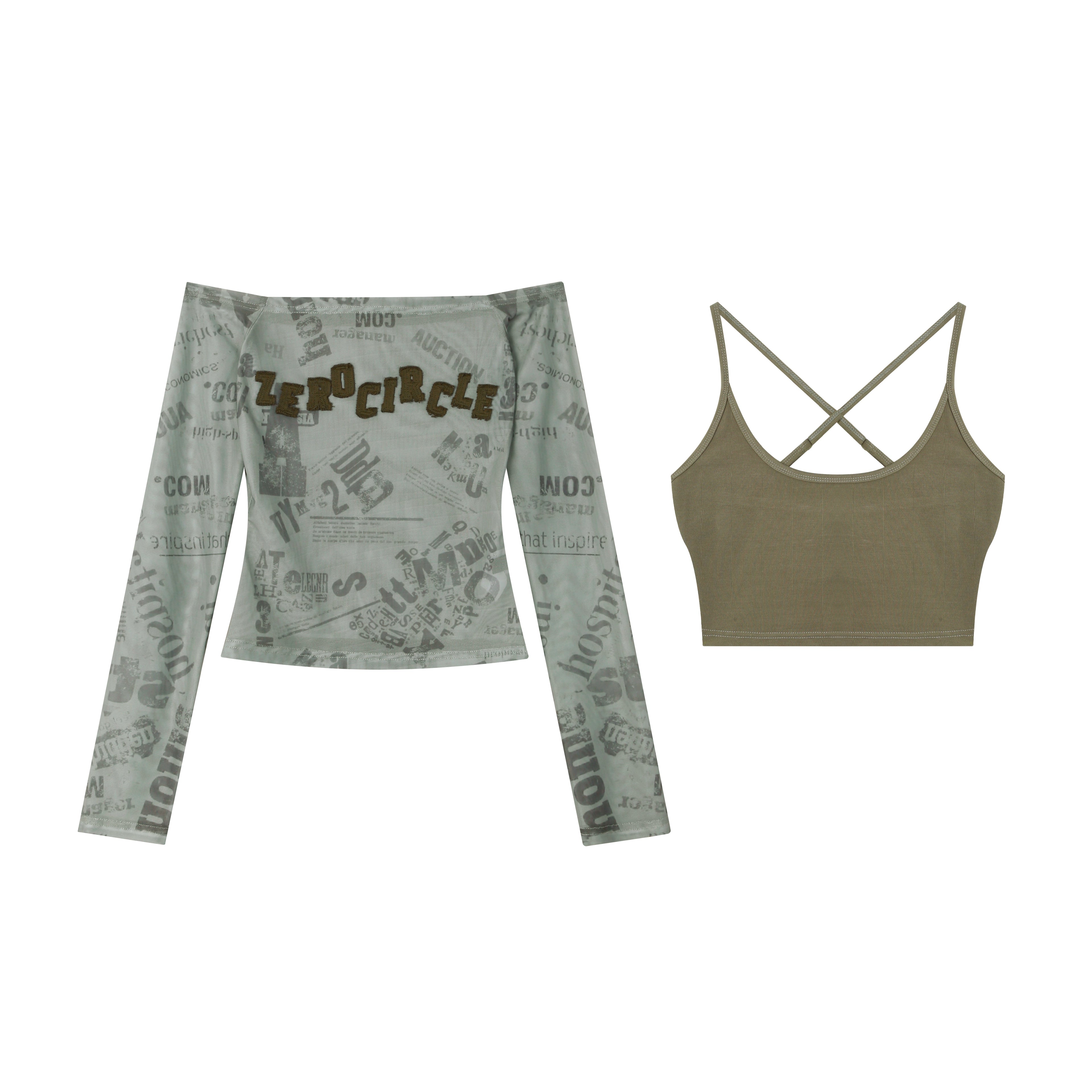 野生zero绿色吊带两件套女春夏季辣妹修身显瘦一字肩短款网纱上衣