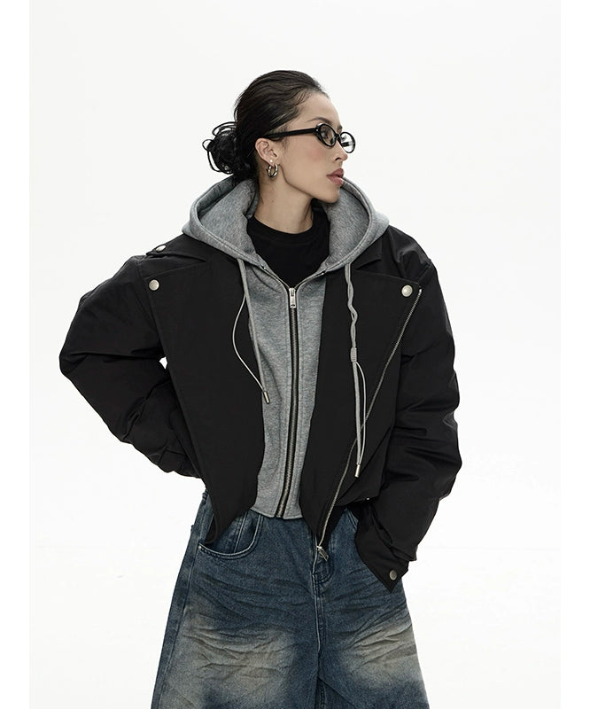 野生zero 假两件夹克棉服女秋冬新款设计感小众连帽宽松棉衣外套