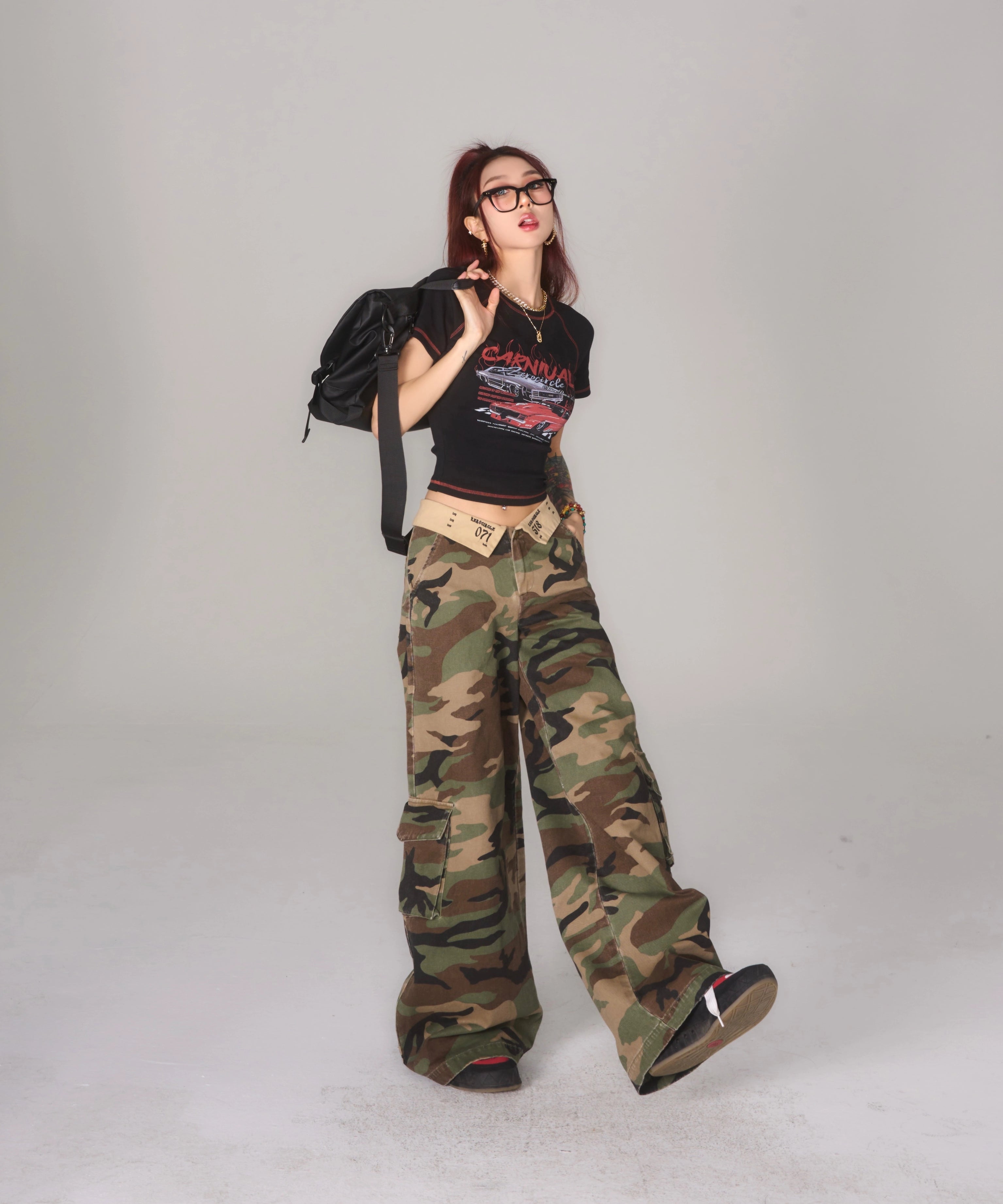 野生zerocircle迷彩低腰工装裤女夏美式显瘦宽松阔腿直筒休闲裤子