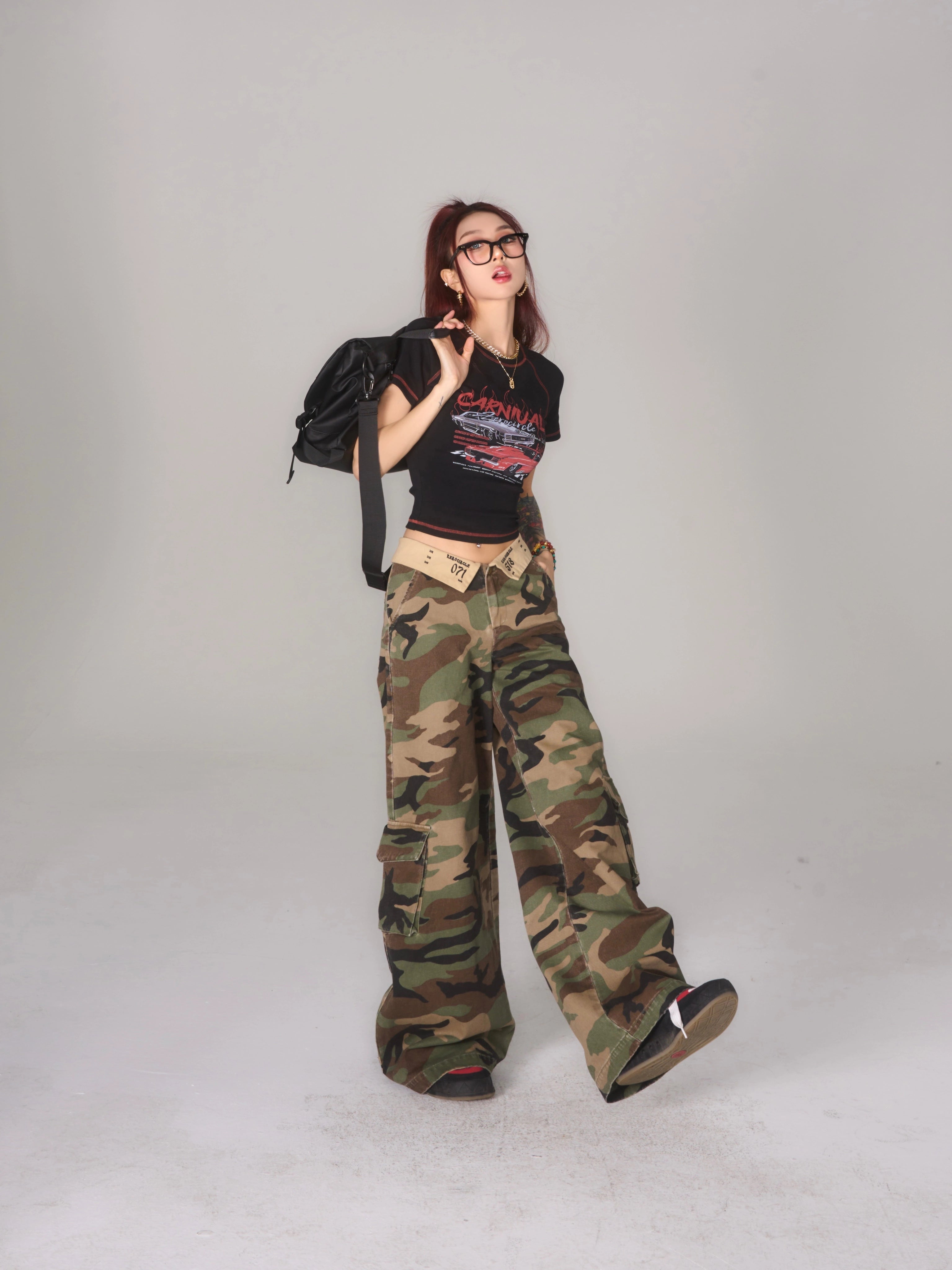 野生zerocircle迷彩低腰工装裤女夏美式显瘦宽松阔腿直筒休闲裤子