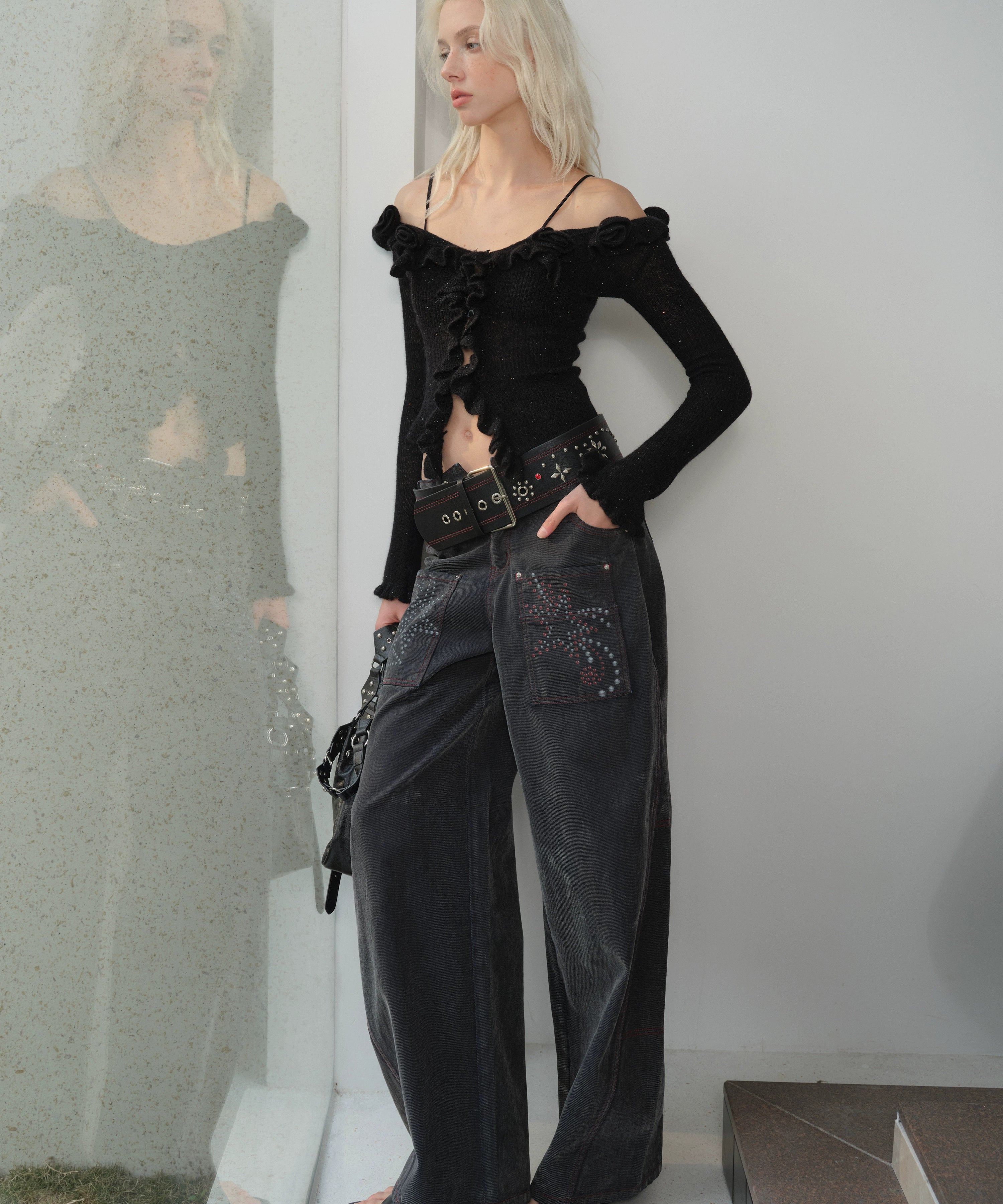 2th Desire朋克复古撞色小众设计感y2k辣妹铆钉钻石钉镶嵌宽腰带