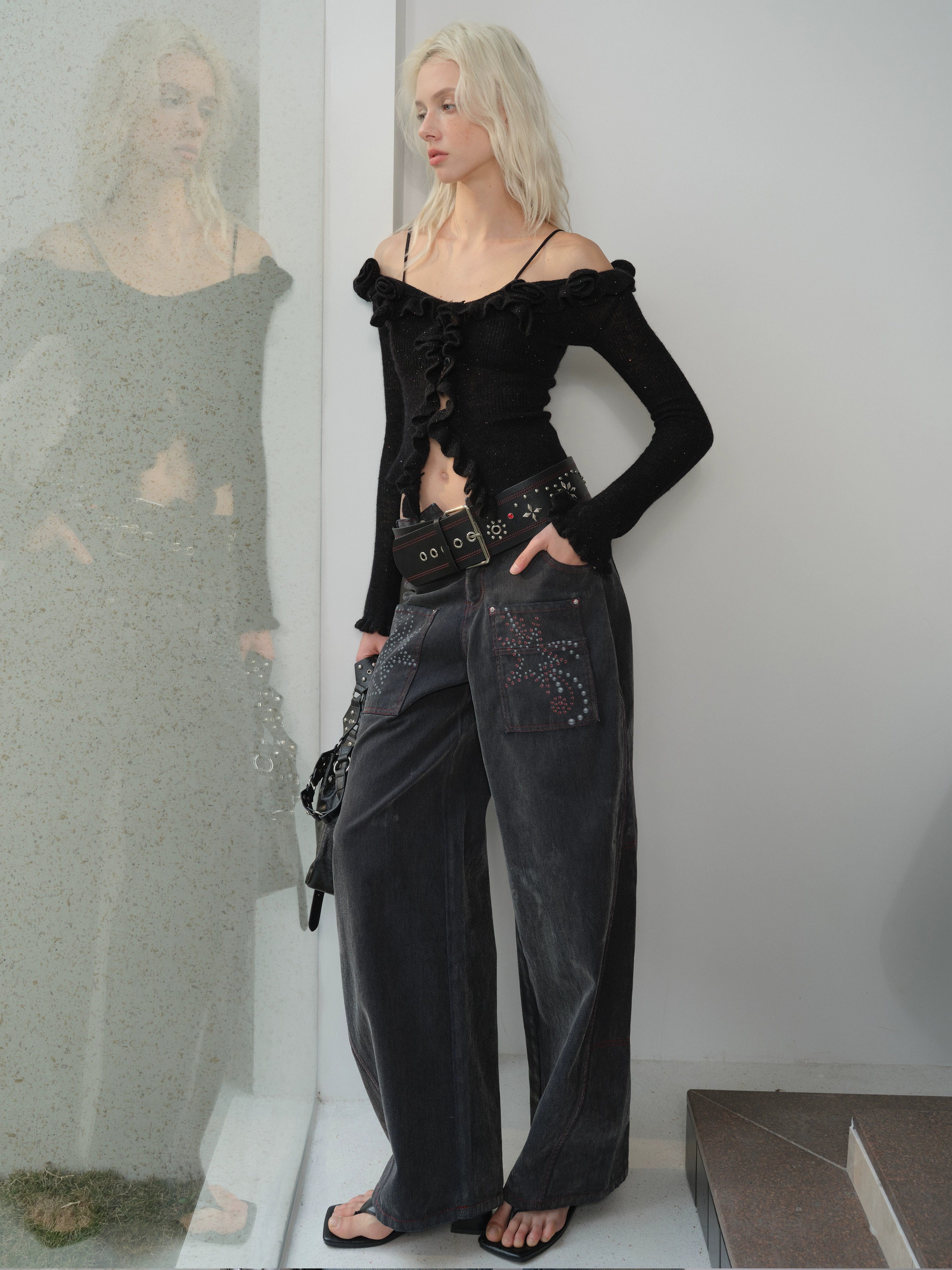 2th Desire朋克复古撞色小众设计感y2k辣妹铆钉钻石钉镶嵌宽腰带