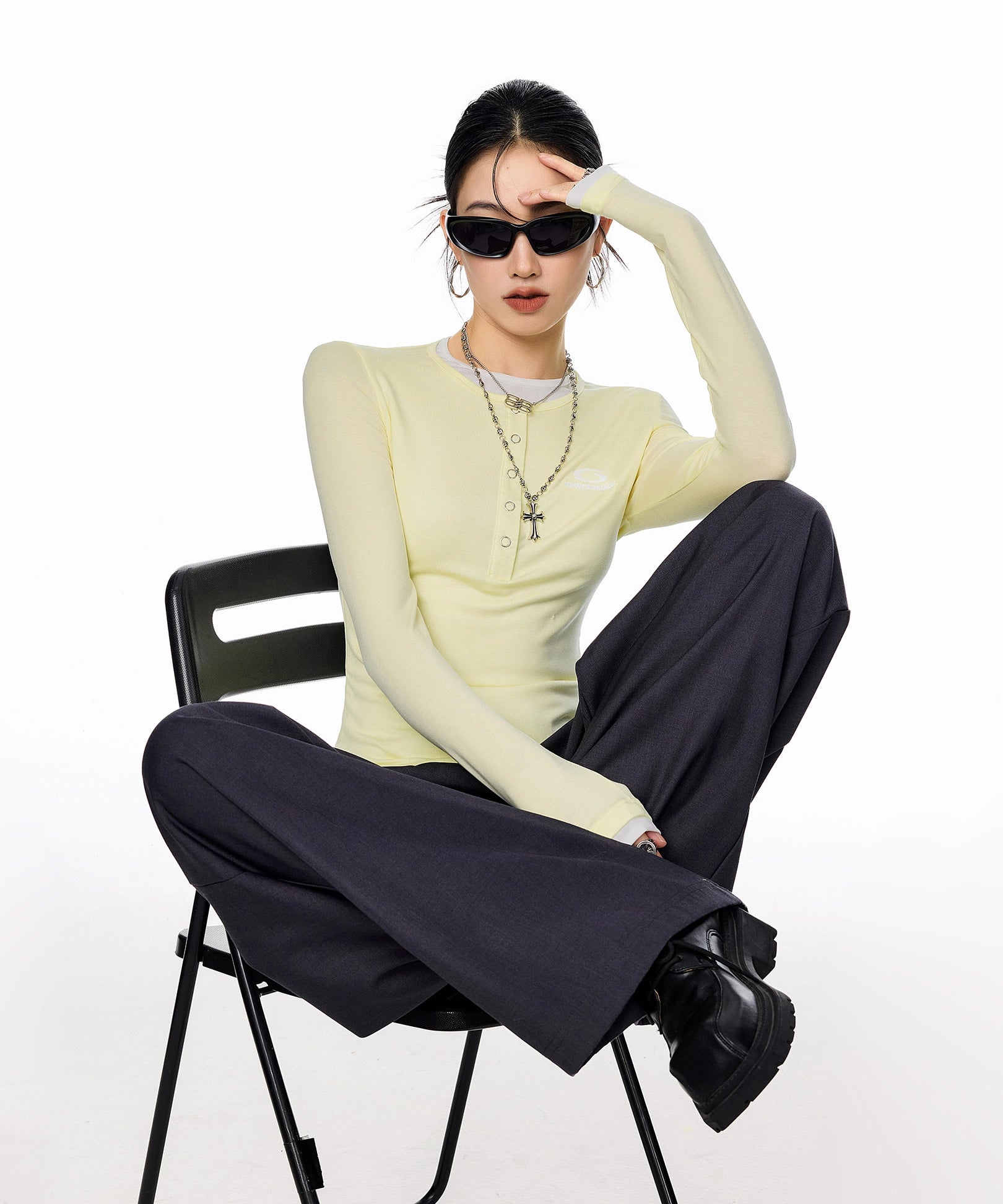 ICH MODE 美式亨利领假两件正肩长袖T恤女秋冬修身一字肩打底上衣