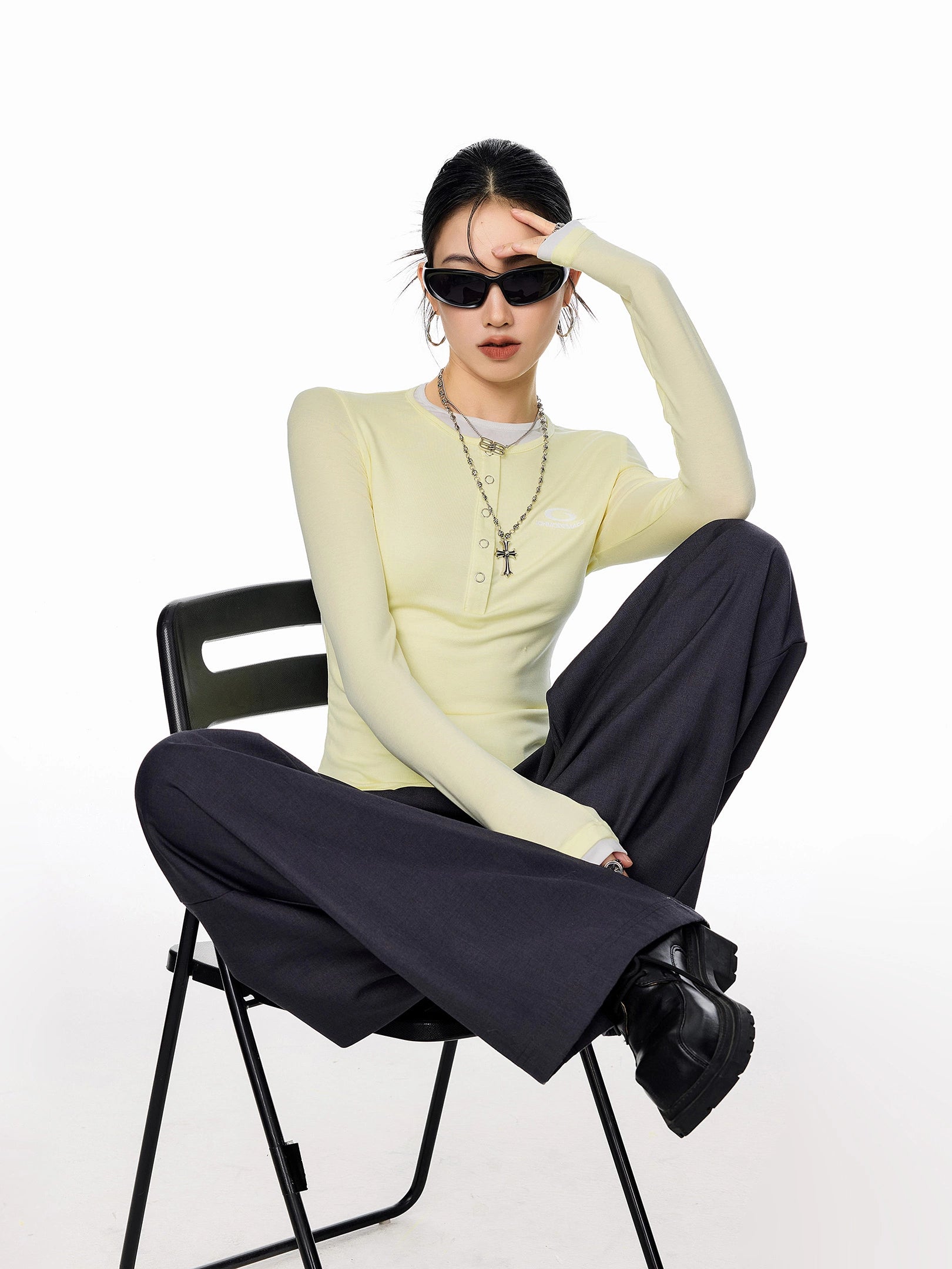 ICH MODE 美式亨利领假两件正肩长袖T恤女秋冬修身一字肩打底上衣