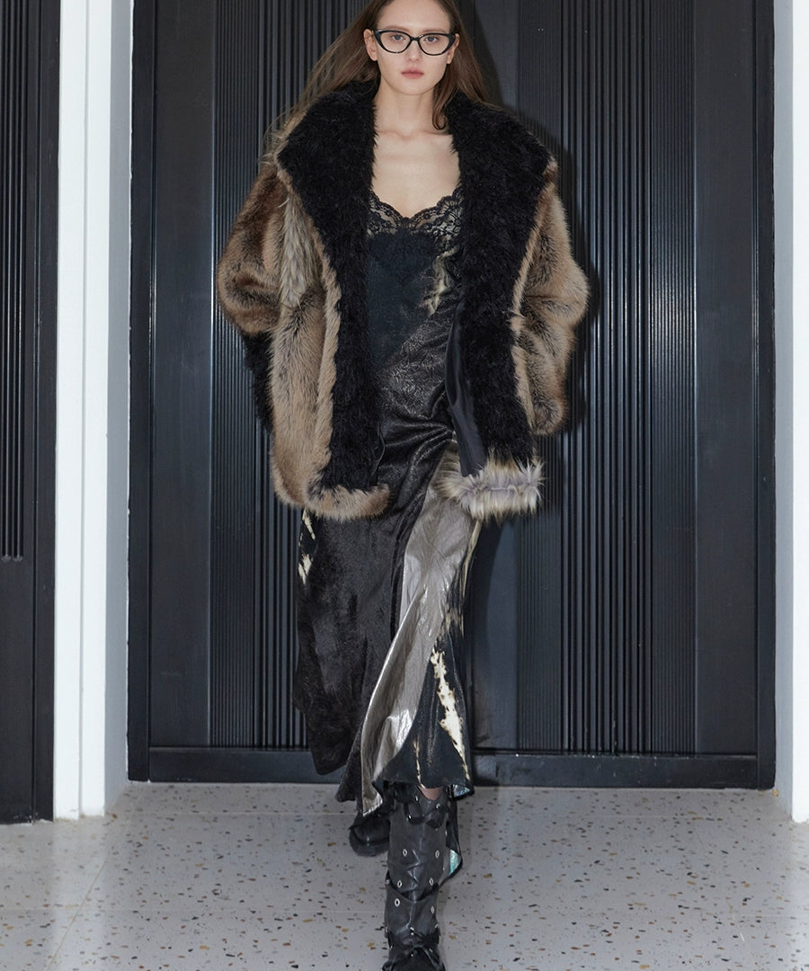 2th Desire重工拼色厚实环保皮草外套女复古中长款大衣毛毛外套冬