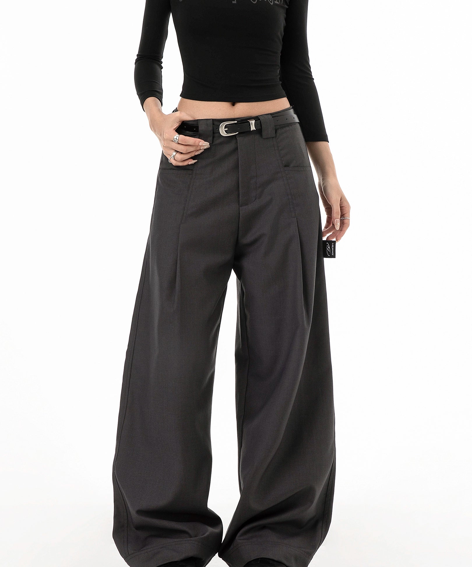 ICH MODE 美式复古刺绣休闲裤女秋冬宽松直筒裤阔腿裤垂感西装裤