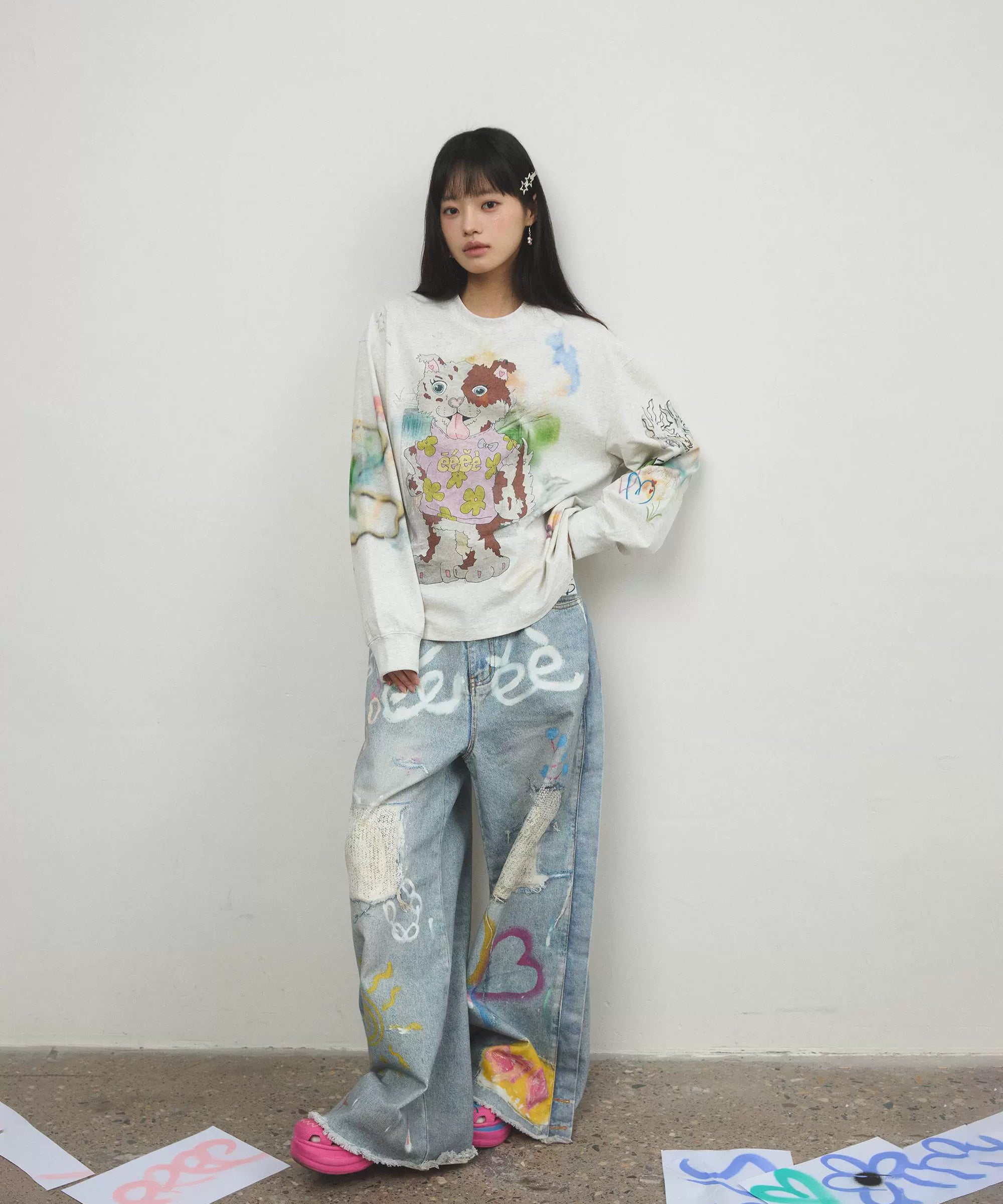 “粉刷匠”| eeee手绘爱心涂鸦重工设计牛仔裤3D破洞印花阔腿裤