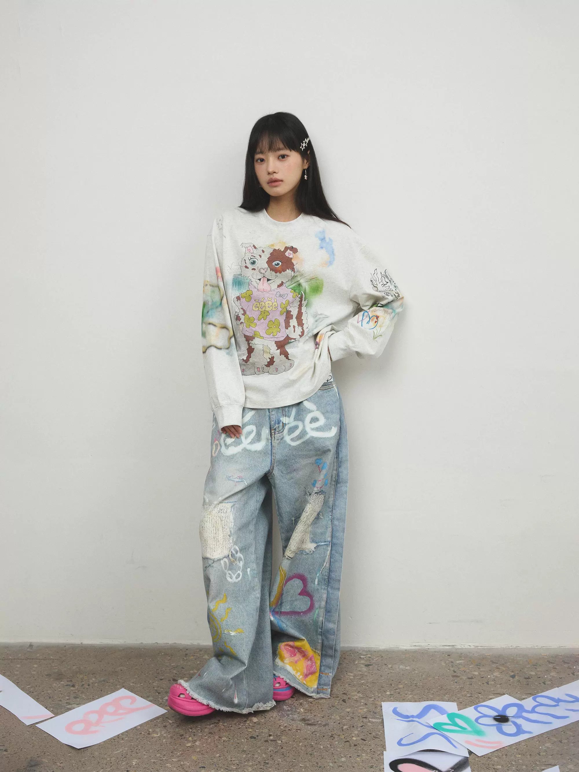 “粉刷匠”| eeee手绘爱心涂鸦重工设计牛仔裤3D破洞印花阔腿裤