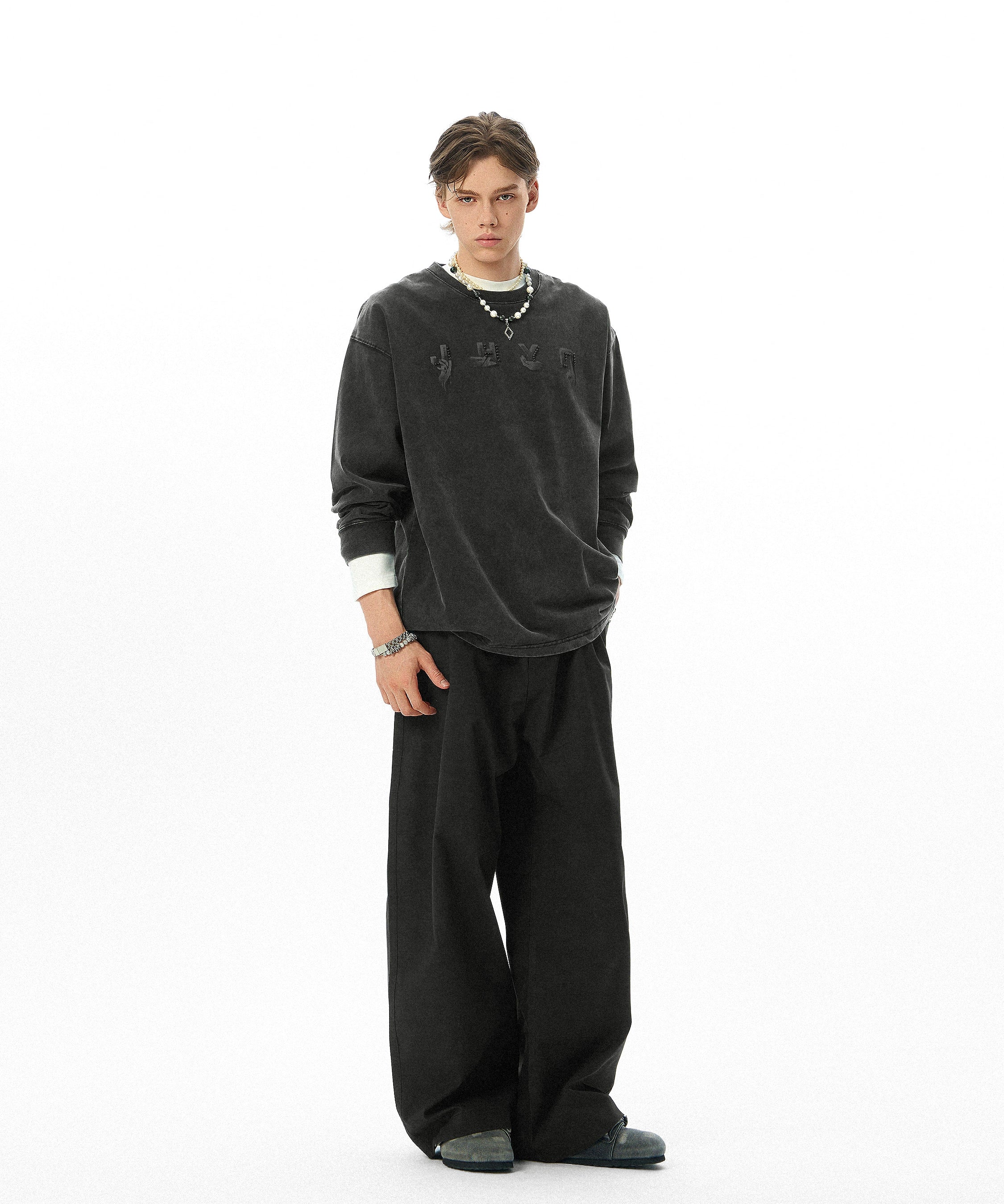 【创意手势】JHYQ美式320g复古水洗钉珠长袖T恤男宽松休闲卫衣男