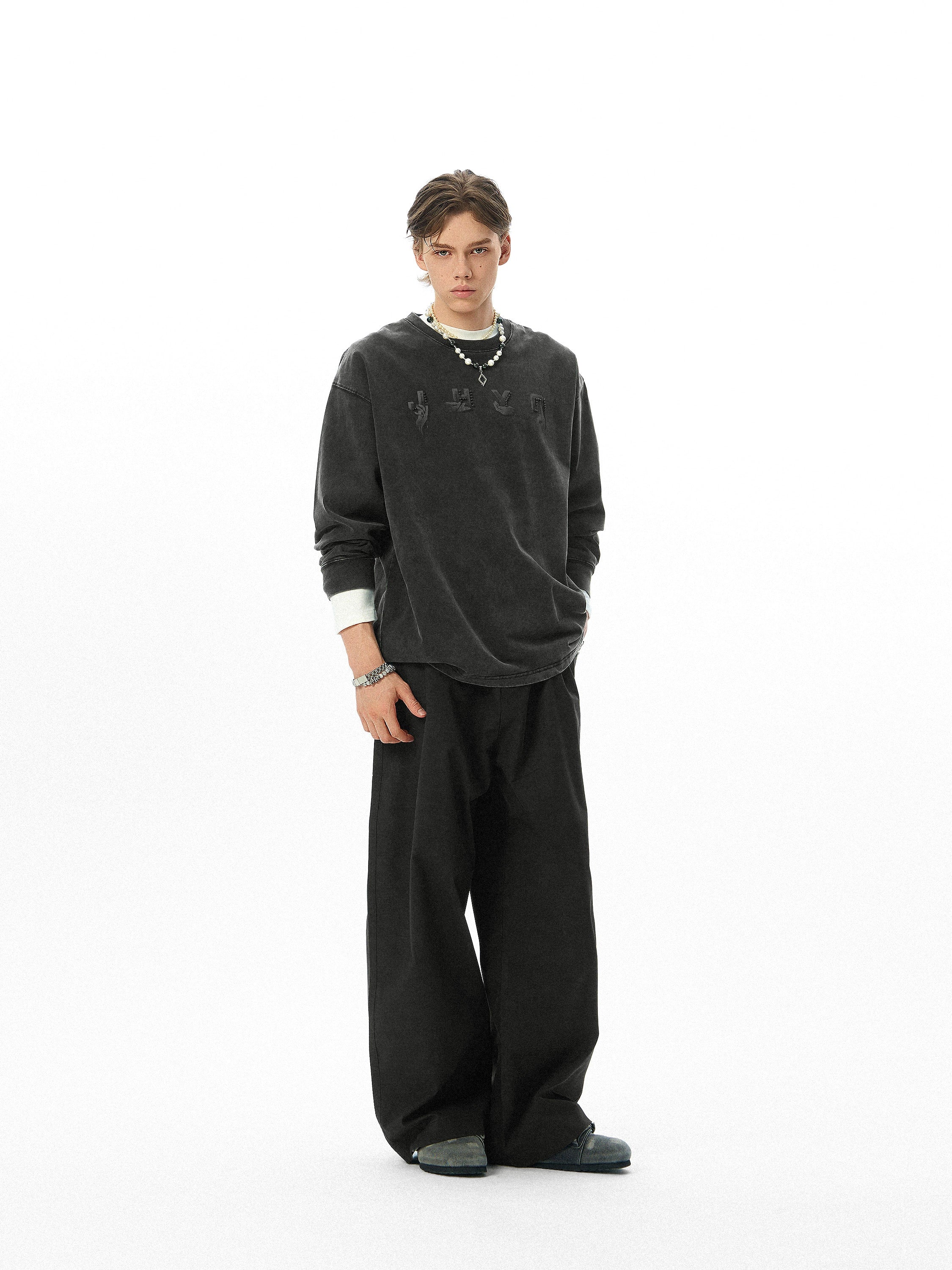 【创意手势】JHYQ美式320g复古水洗钉珠长袖T恤男宽松休闲卫衣男