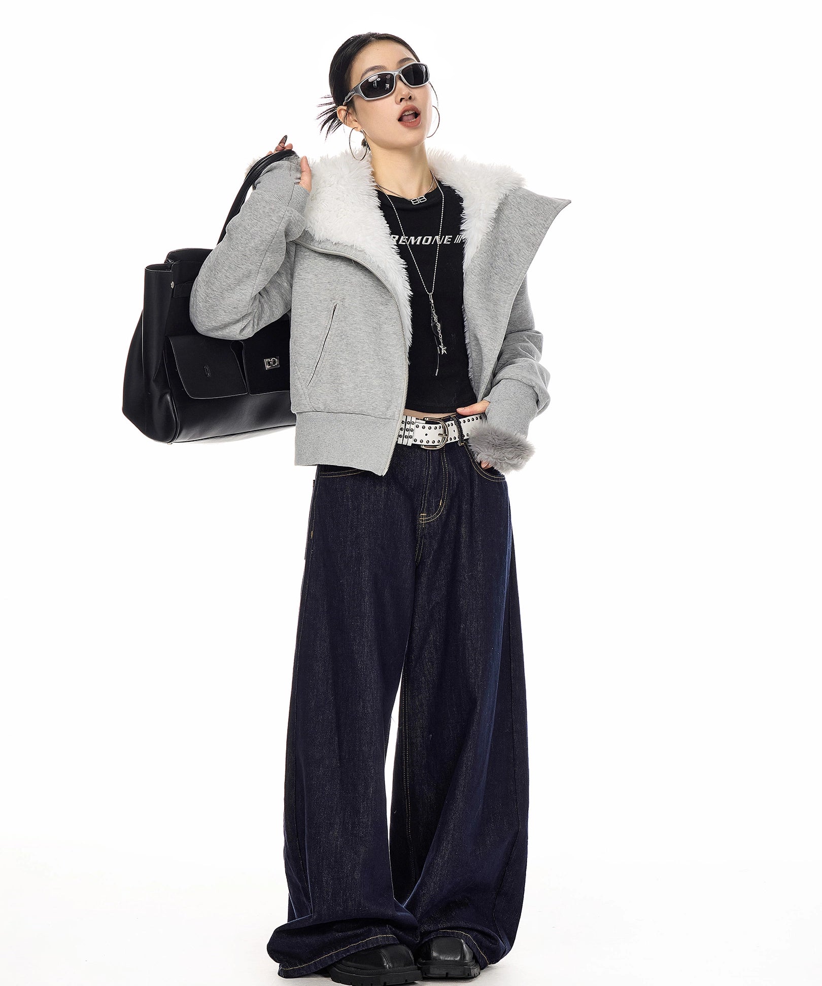 ICH MODE 美式复古毛绒内胆毛领棉服女2025冬季新款修身短款棉衣