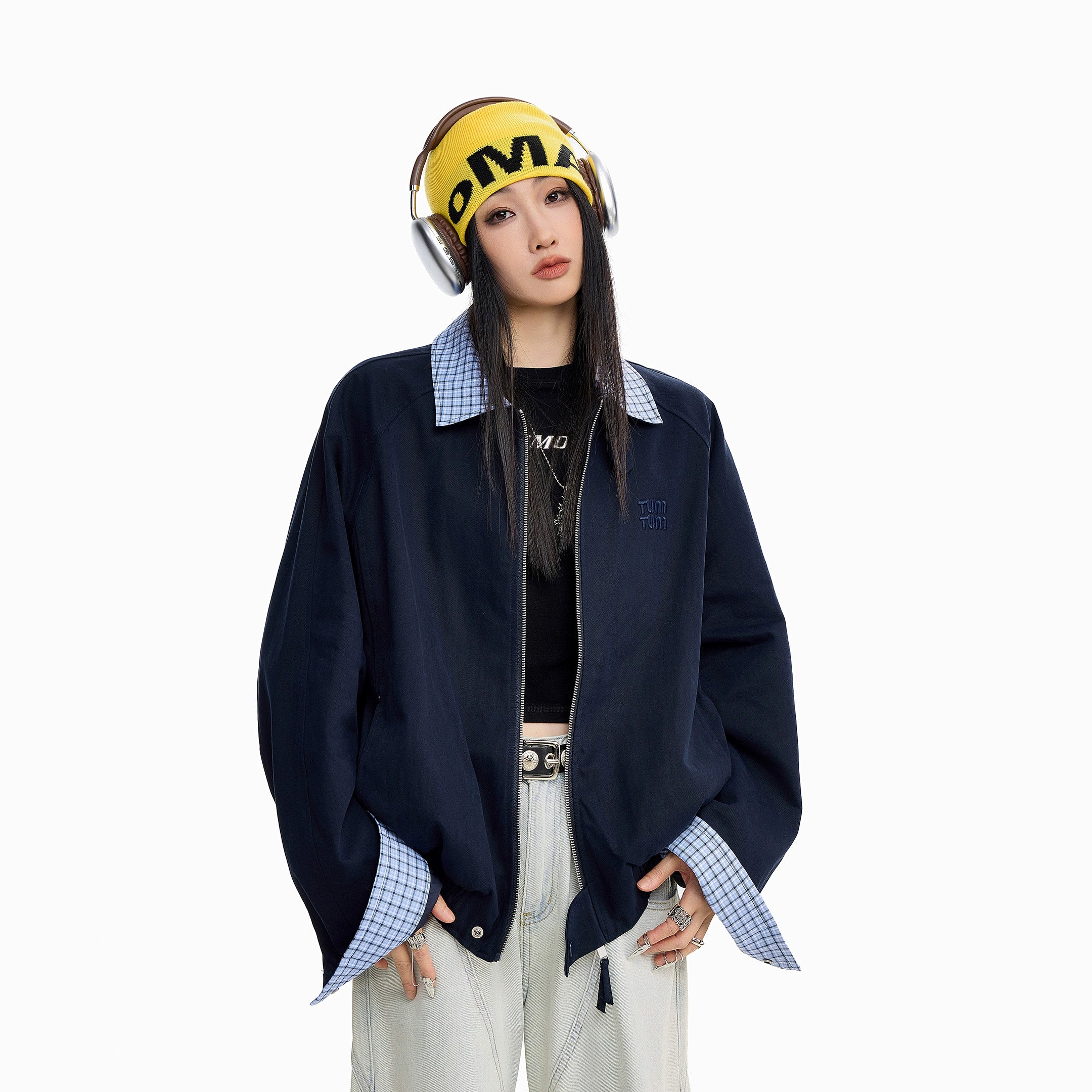 ICH MODE 美式复古格子拼接外套女秋冬宽松开衫夹克运动百搭上衣