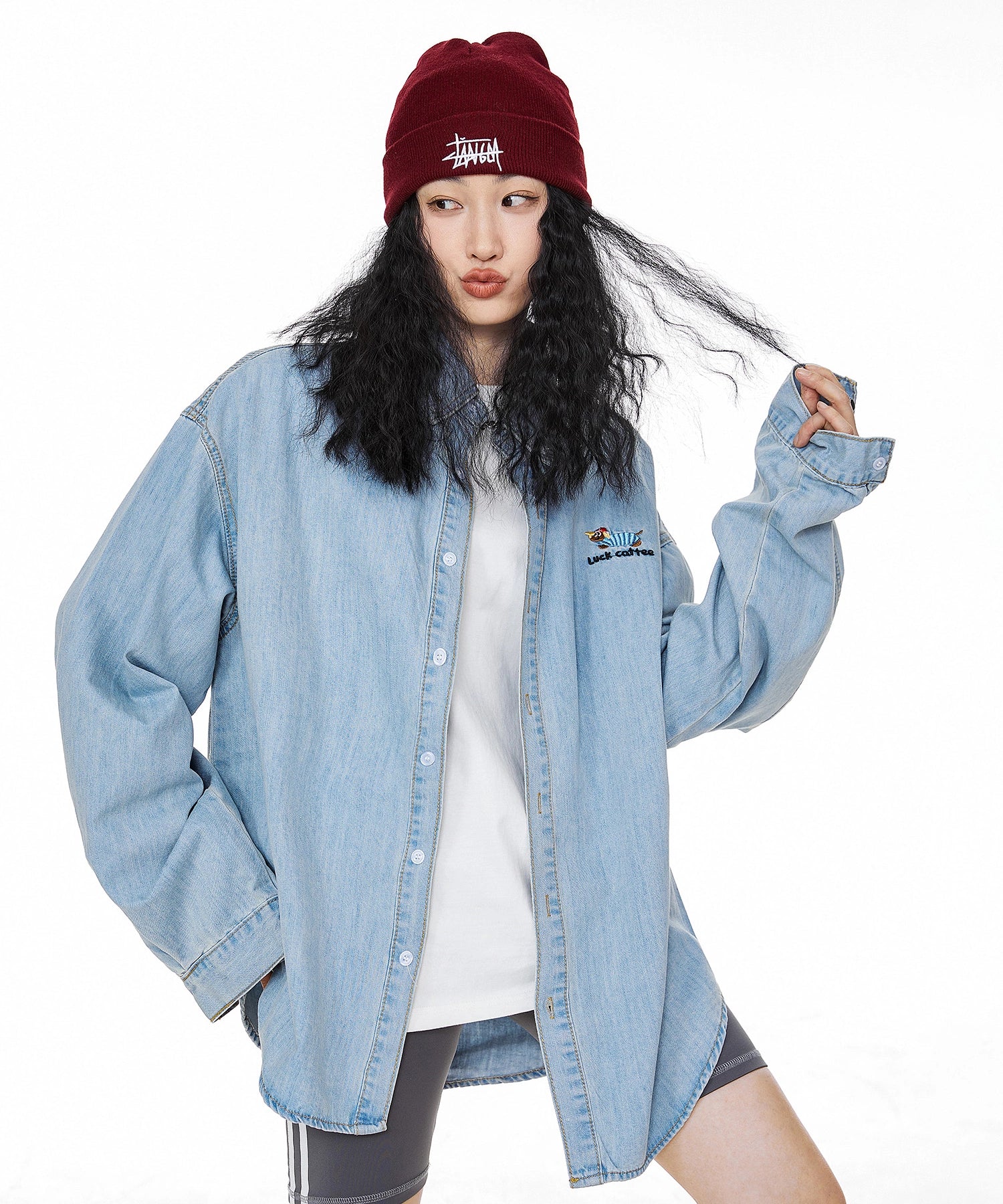 ICH MODE 美式复古刺绣长袖牛仔衬衫女秋冬百搭宽松休闲衬衣外套