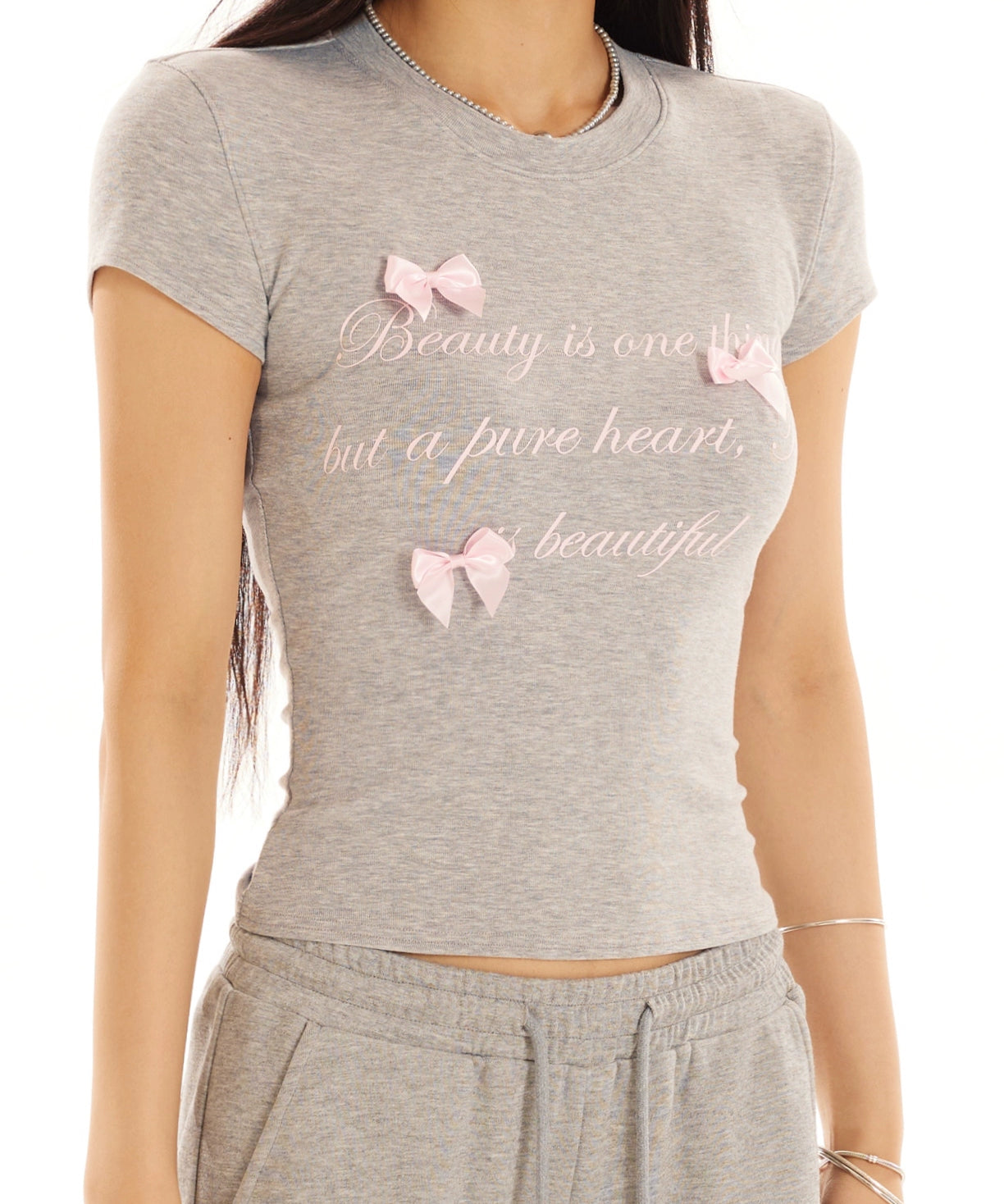 野生zero 白灰色正肩短袖t恤女夏季修身显瘦印花蝴蝶结甜辣小上衣