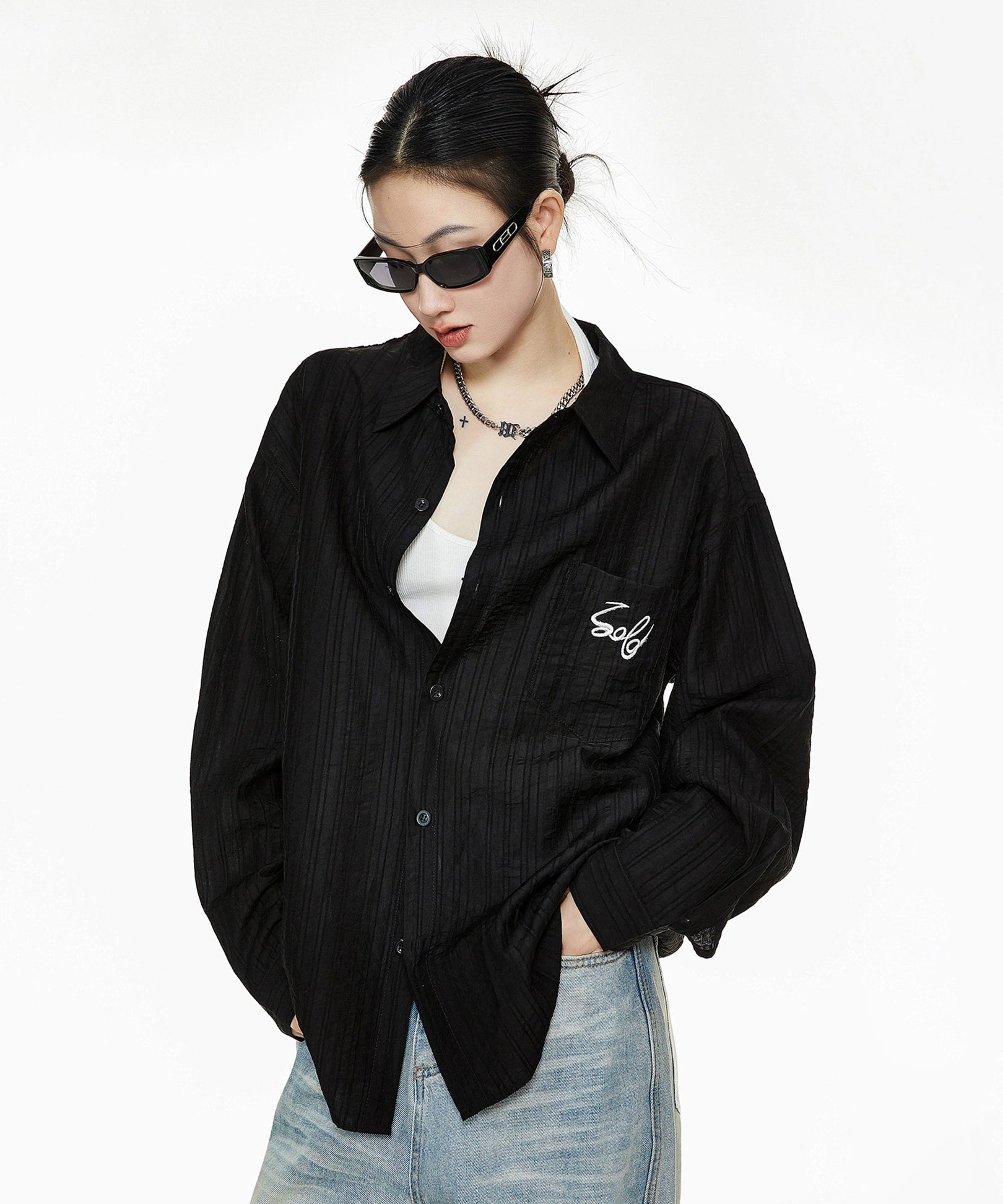 ICH MODE 美式复古刺绣长袖衬衫女夏轻薄物理防晒莱赛尔衬衣外套