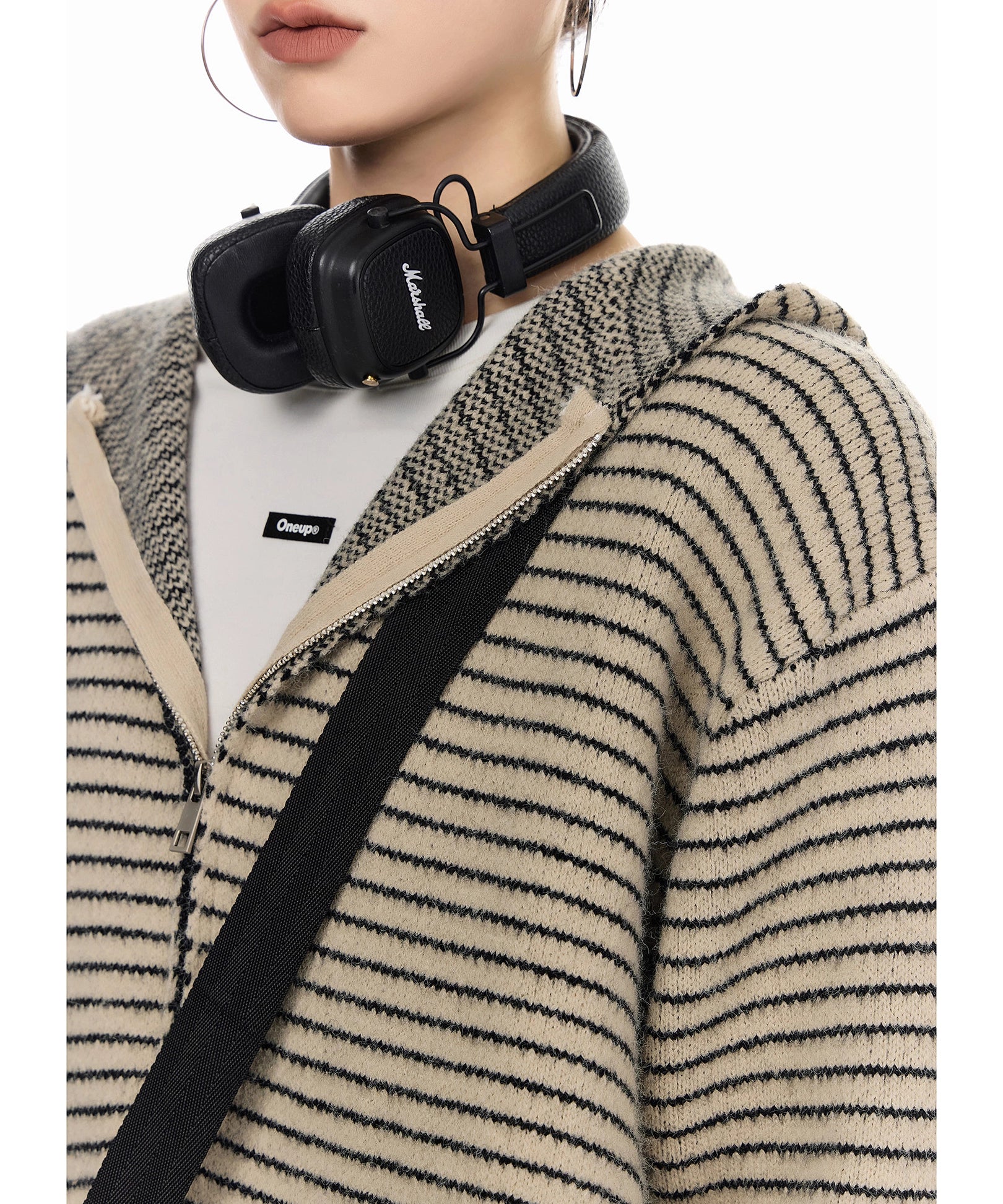 ICH MODE 美式复古条纹连帽毛针织开衫女秋冬季外搭宽松毛衣外套