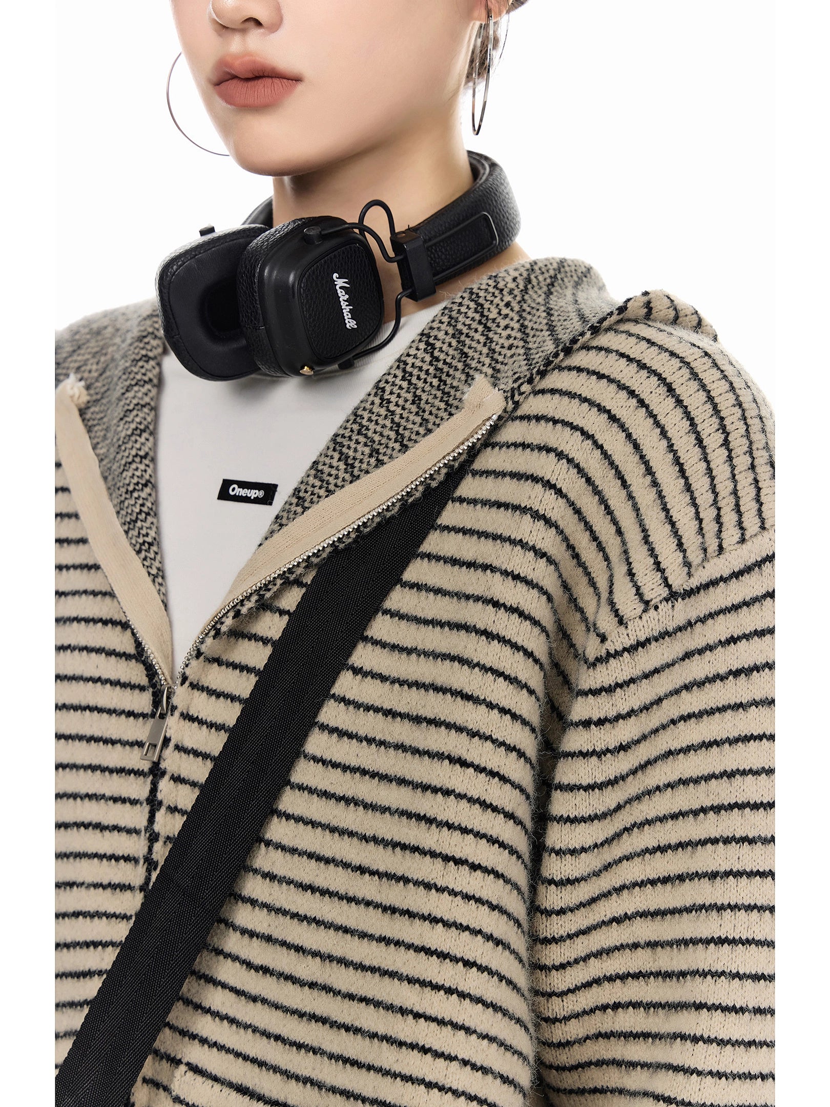 ICH MODE 美式复古条纹连帽毛针织开衫女秋冬季外搭宽松毛衣外套