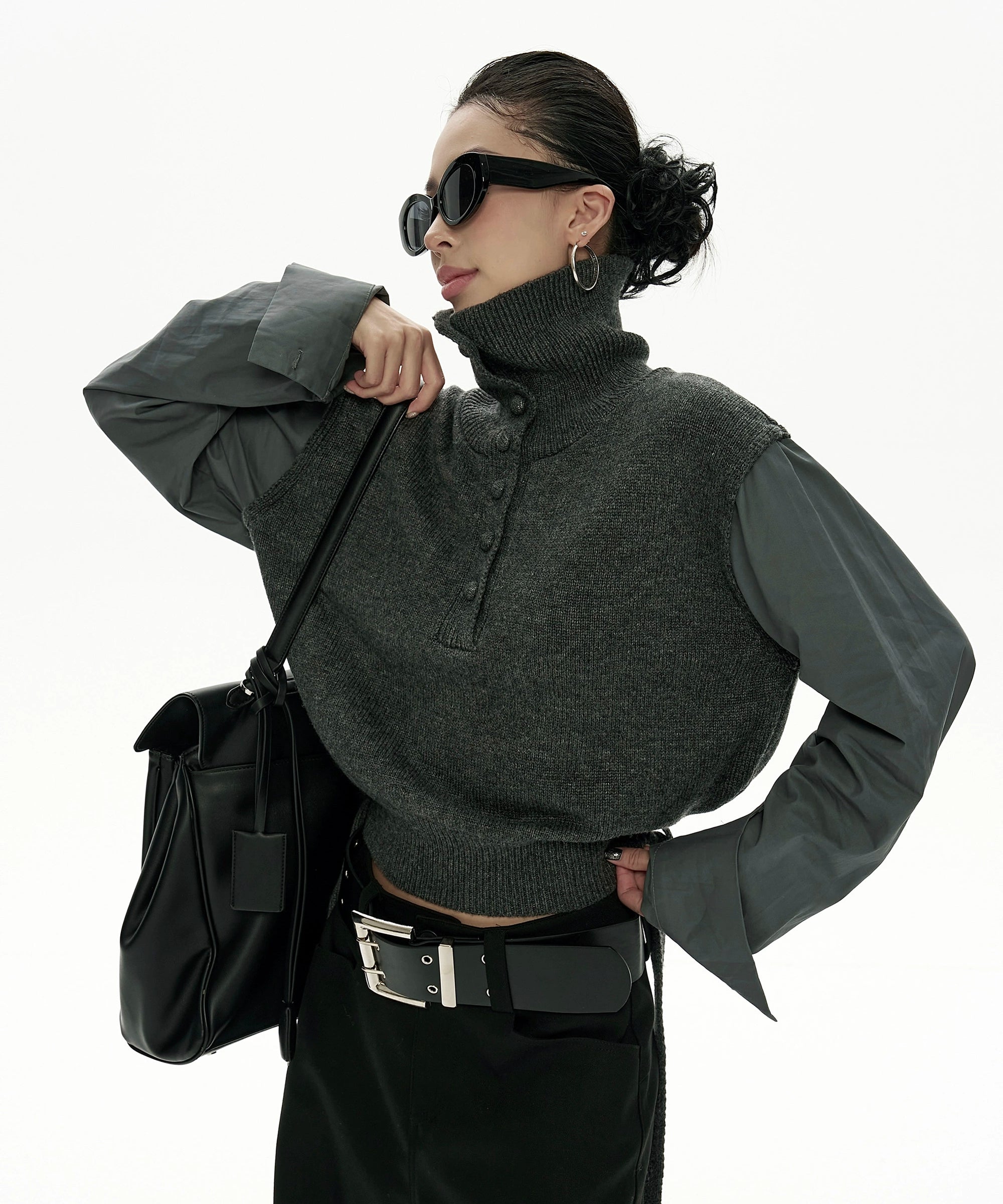 野生zero短款高领毛衣女秋冬新款设计感小众显瘦拼接长袖上衣外套