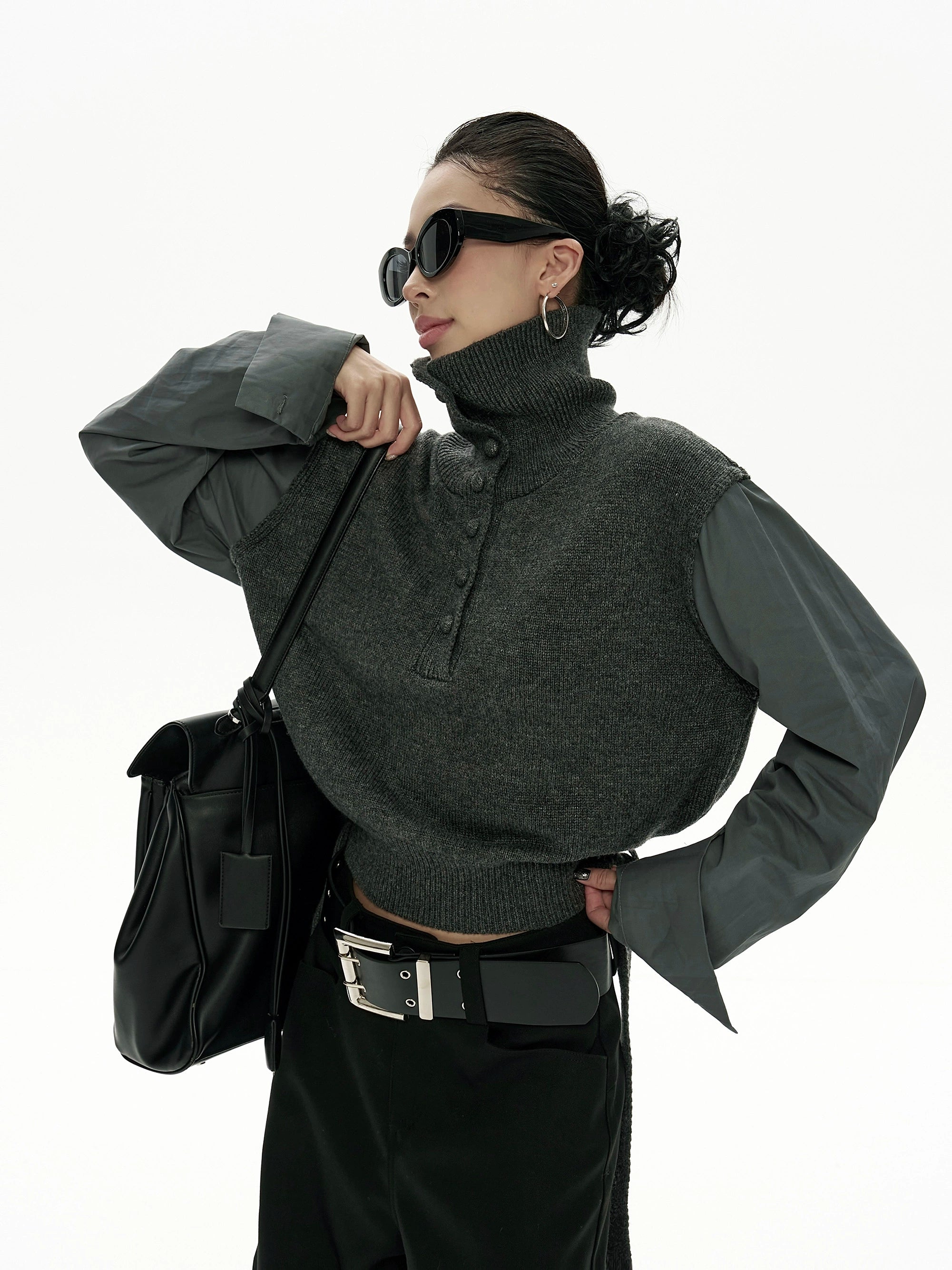 野生zero短款高领毛衣女秋冬新款设计感小众显瘦拼接长袖上衣外套