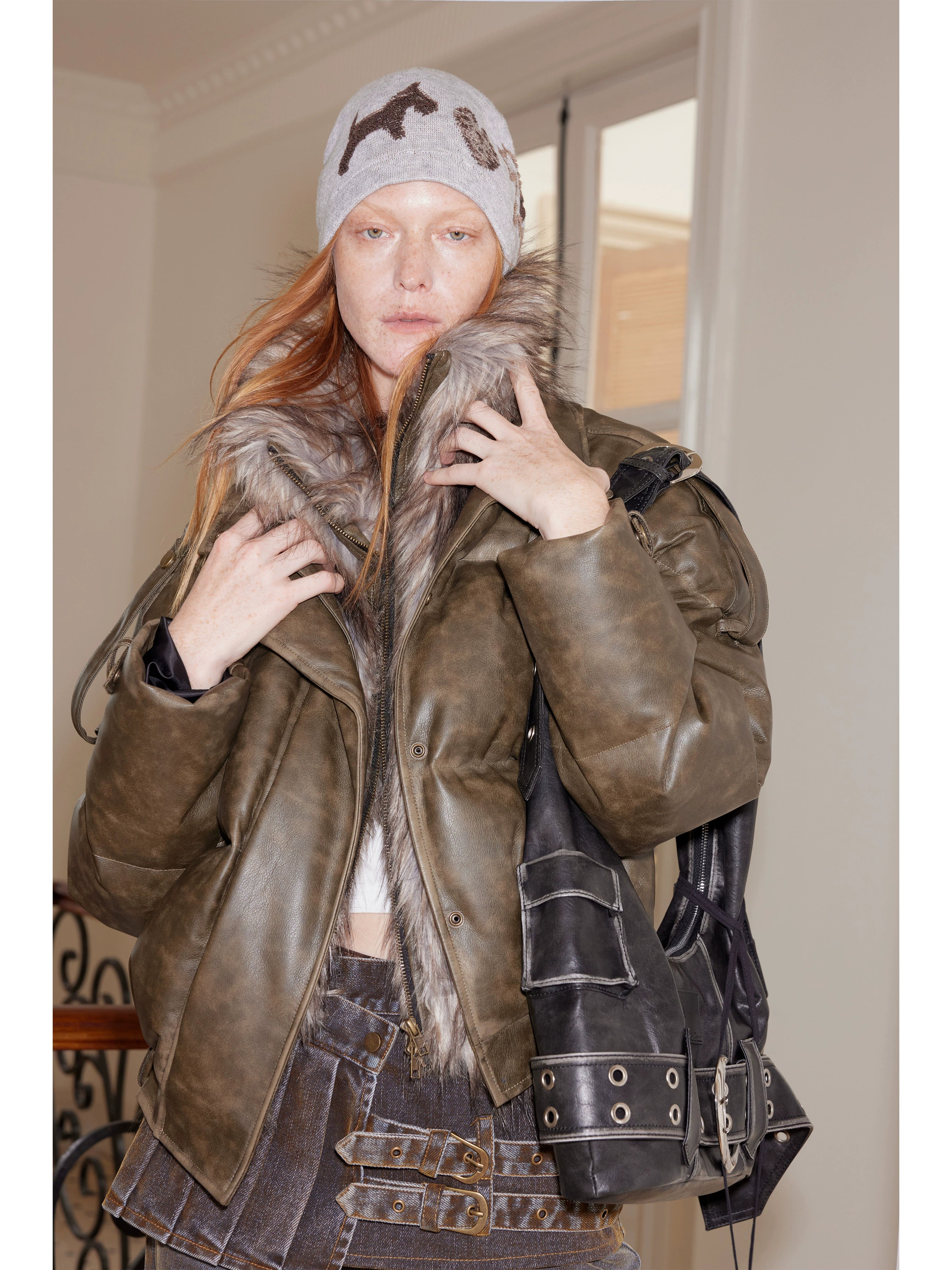 2th Desire大朵90白鸭绒美式复古皮草拼接冬季羽绒服女擦色机车风