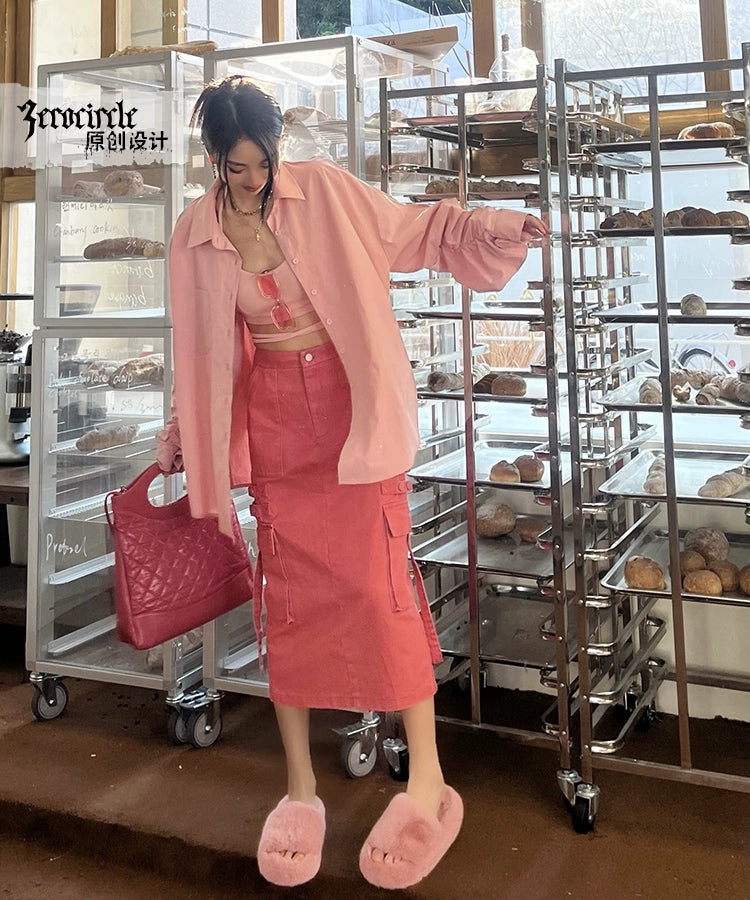 野生zerocircle绿色半身裙女春夏设计感高腰显瘦开叉中长工装裙子