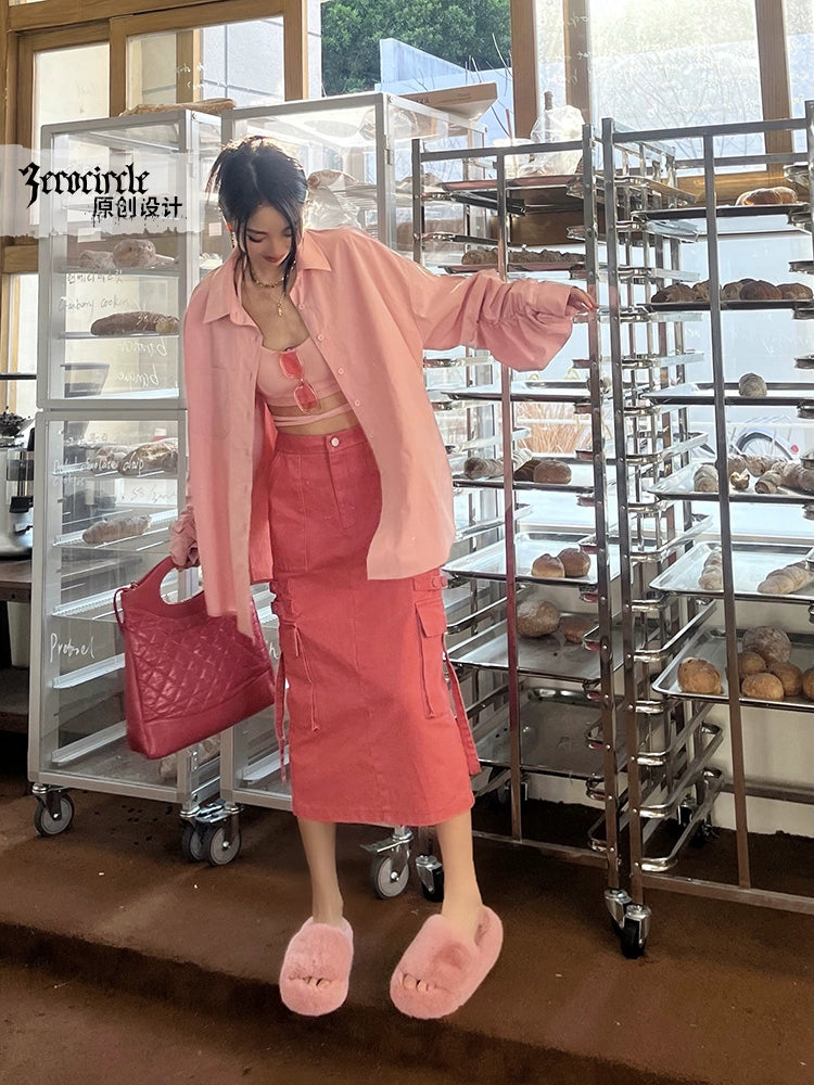 野生zerocircle绿色半身裙女春夏设计感高腰显瘦开叉中长工装裙子