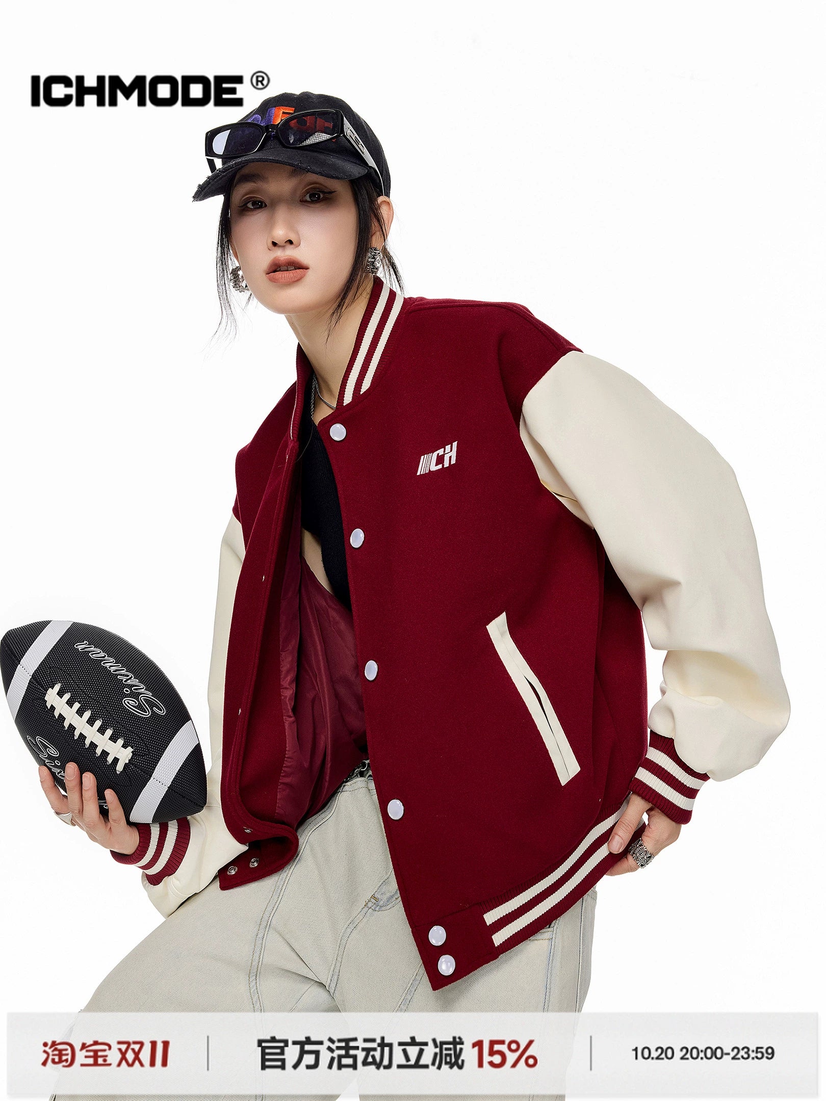 ICH MODE 美式复古红色棒球服外套女秋冬季新款运动夹克开衫上衣