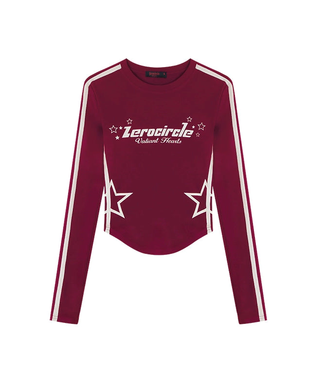 野生zerocircle白红色正肩长袖t恤女春夏辣妹修身印花u型下摆上衣