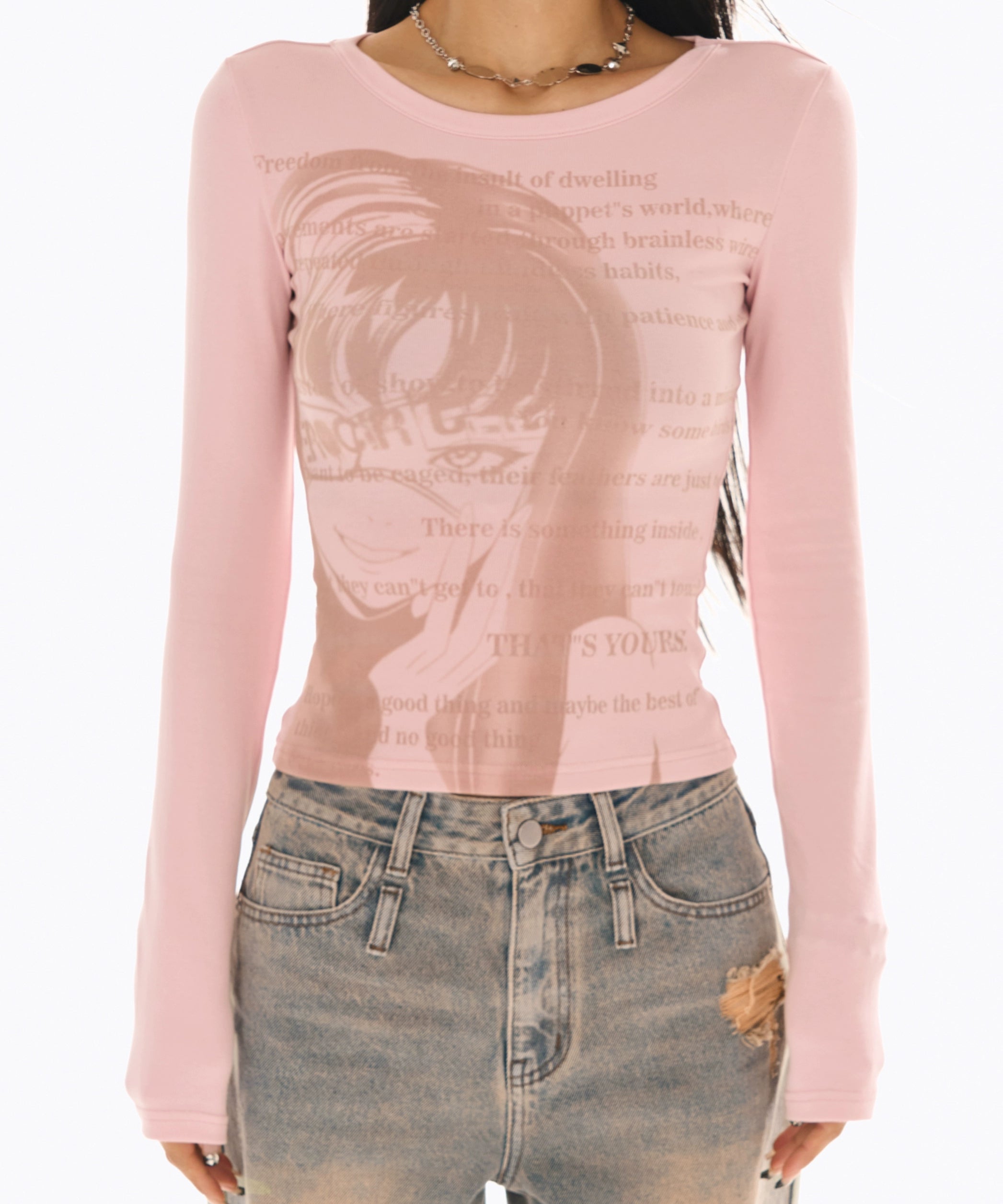 野生zerocircle 灰粉色正肩长袖t恤女秋辣妹修身显瘦印花小众上衣