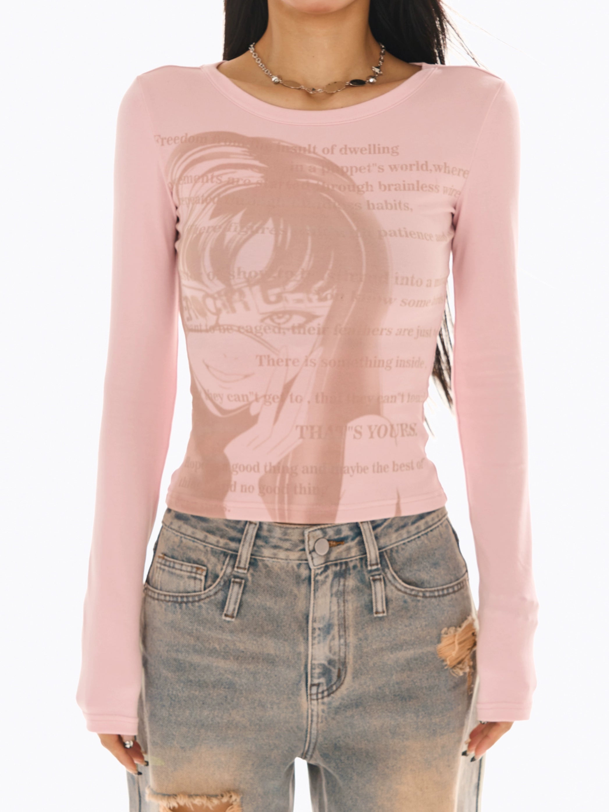 野生zerocircle 灰粉色正肩长袖t恤女秋辣妹修身显瘦印花小众上衣