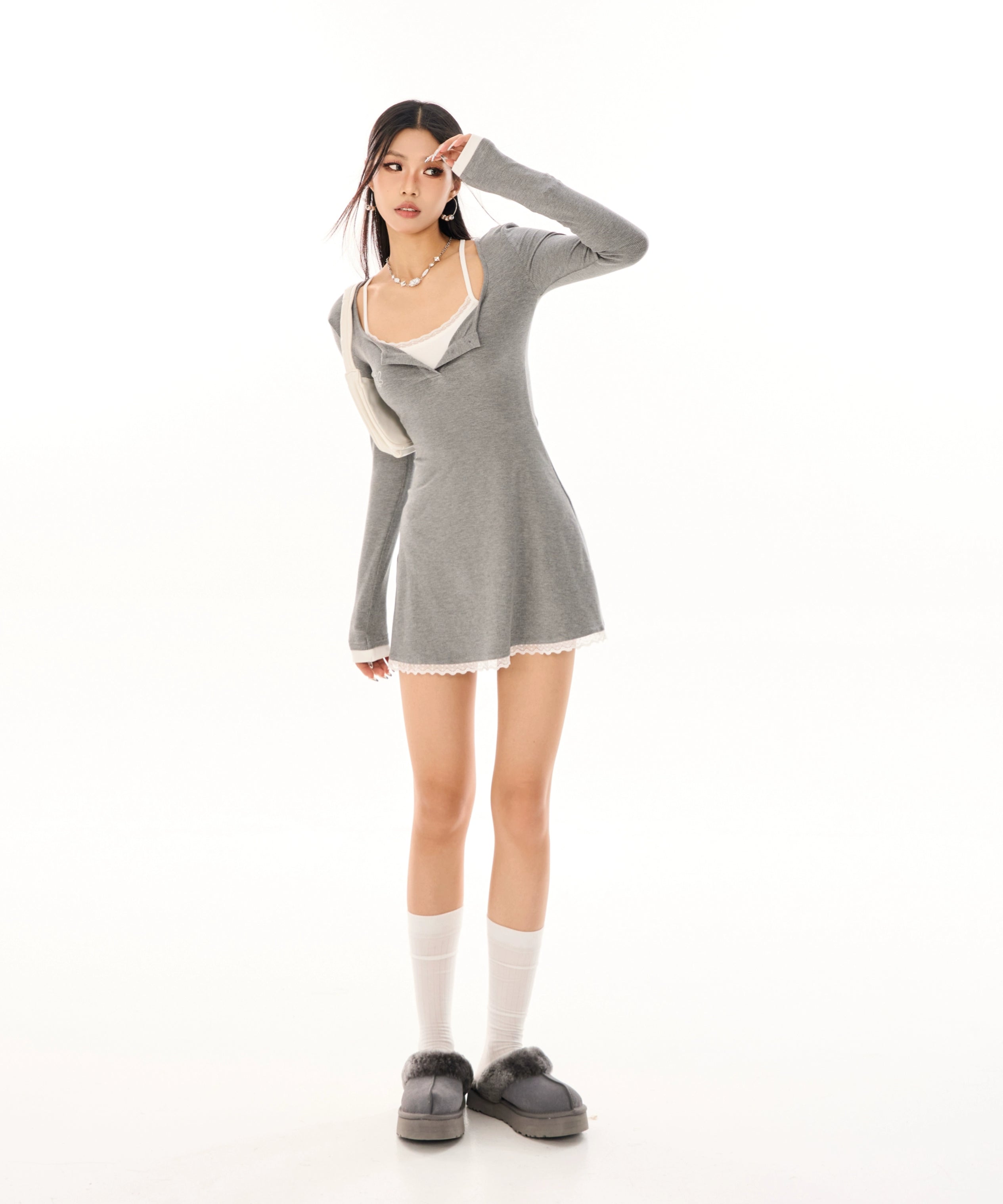 野生zerocircle裙子两件套女秋辣妹显瘦修身收腰灰色长袖连衣裙子